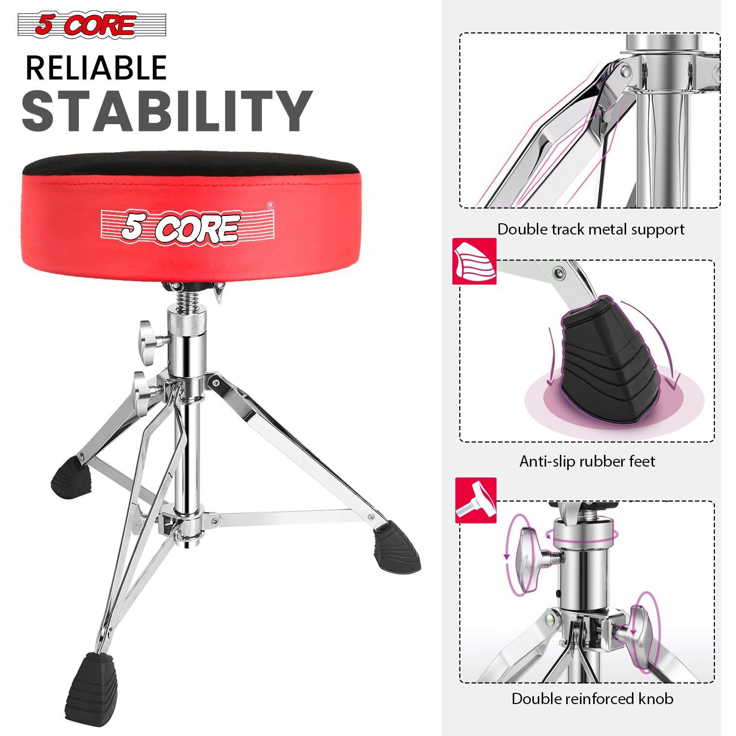 5 CORE Drum Throne Padded Guitar Stool Height Adjustable Heavy Duty Music Chair Seat Universal for Adults & Kids with Anti Slip Rubber Feet - DS CH RED VEL HD