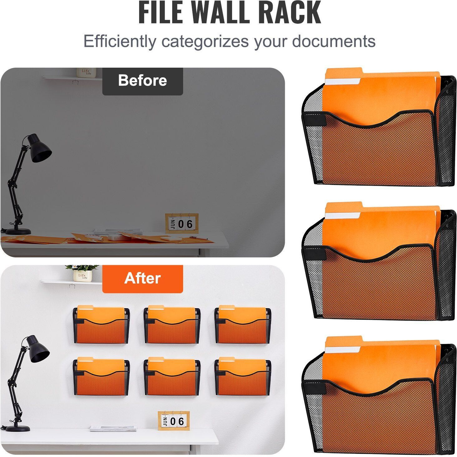 VEVOR Hanging Wall Files Organizer, 6 Pack Single Pocket Mesh Wall File Holder, Metal Wall Folder Organizer with Nametag Label, for Office Home & School