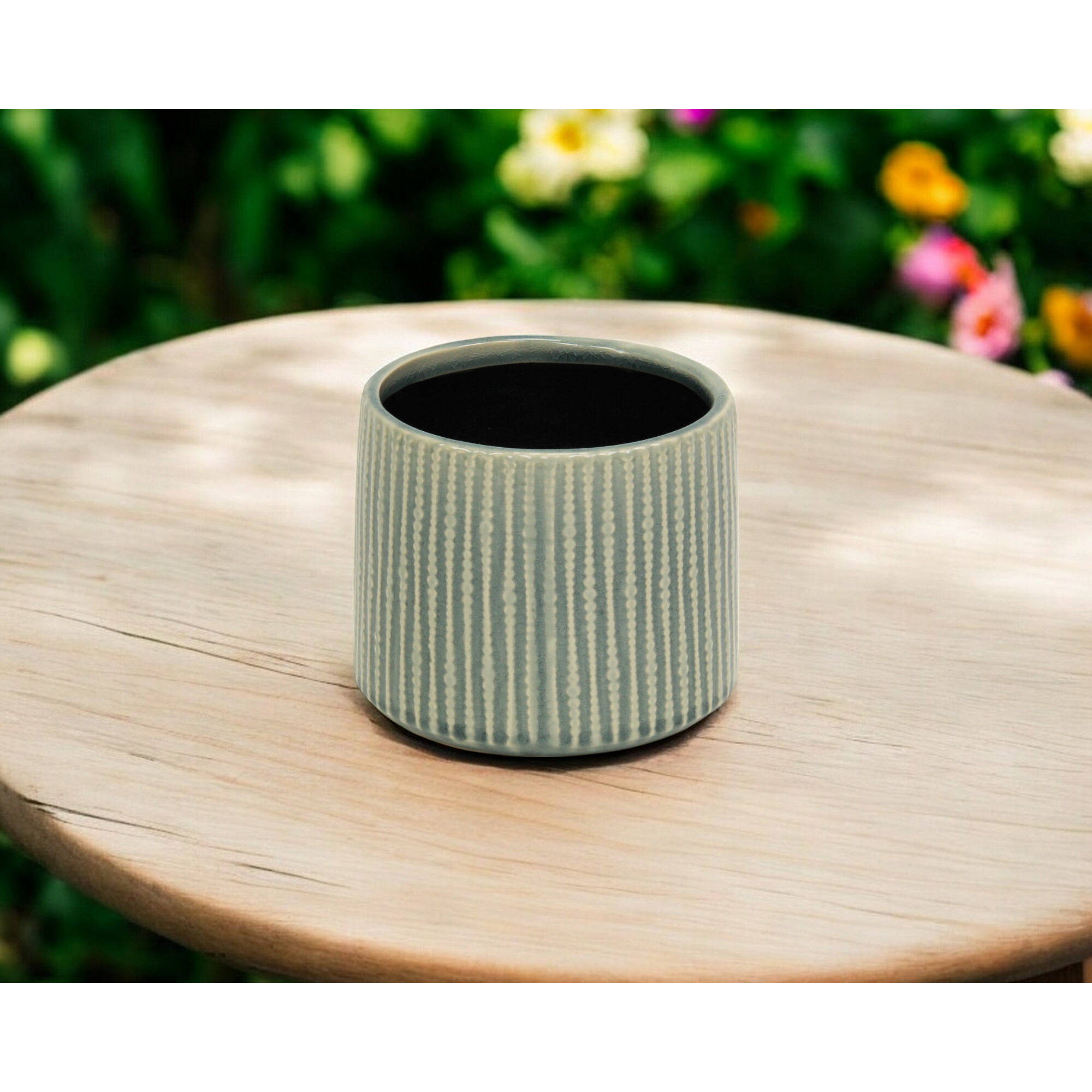 6" Green Striped Ceramic Indoor Outdoor Round Pot Planter