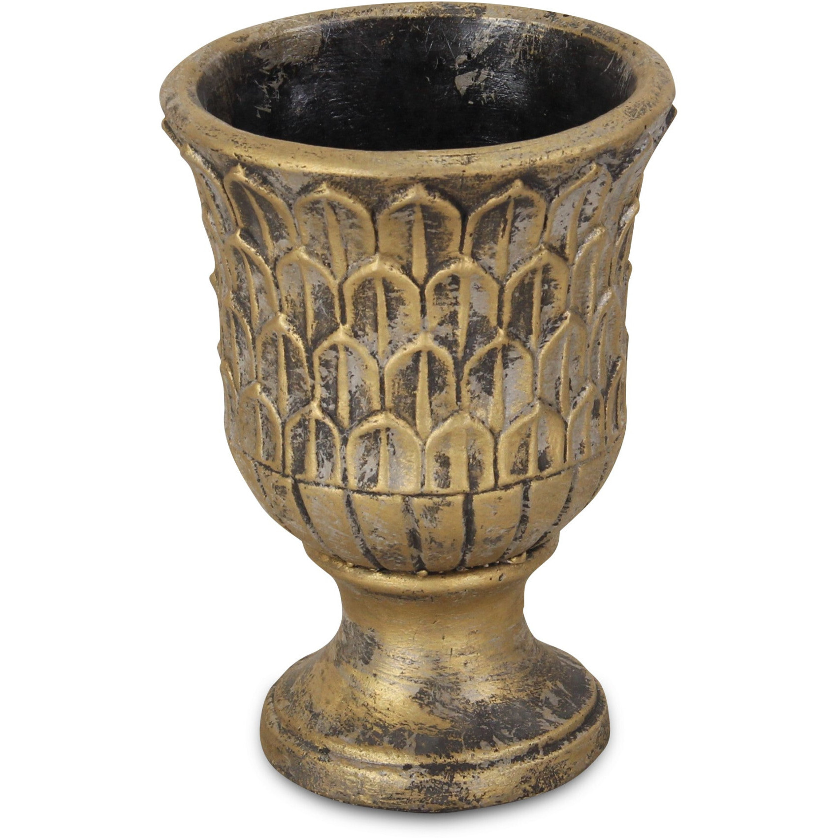 7" Antiqued Brass Textural Tone On Tone Cement Indoor Outdoor Round Urn Planter