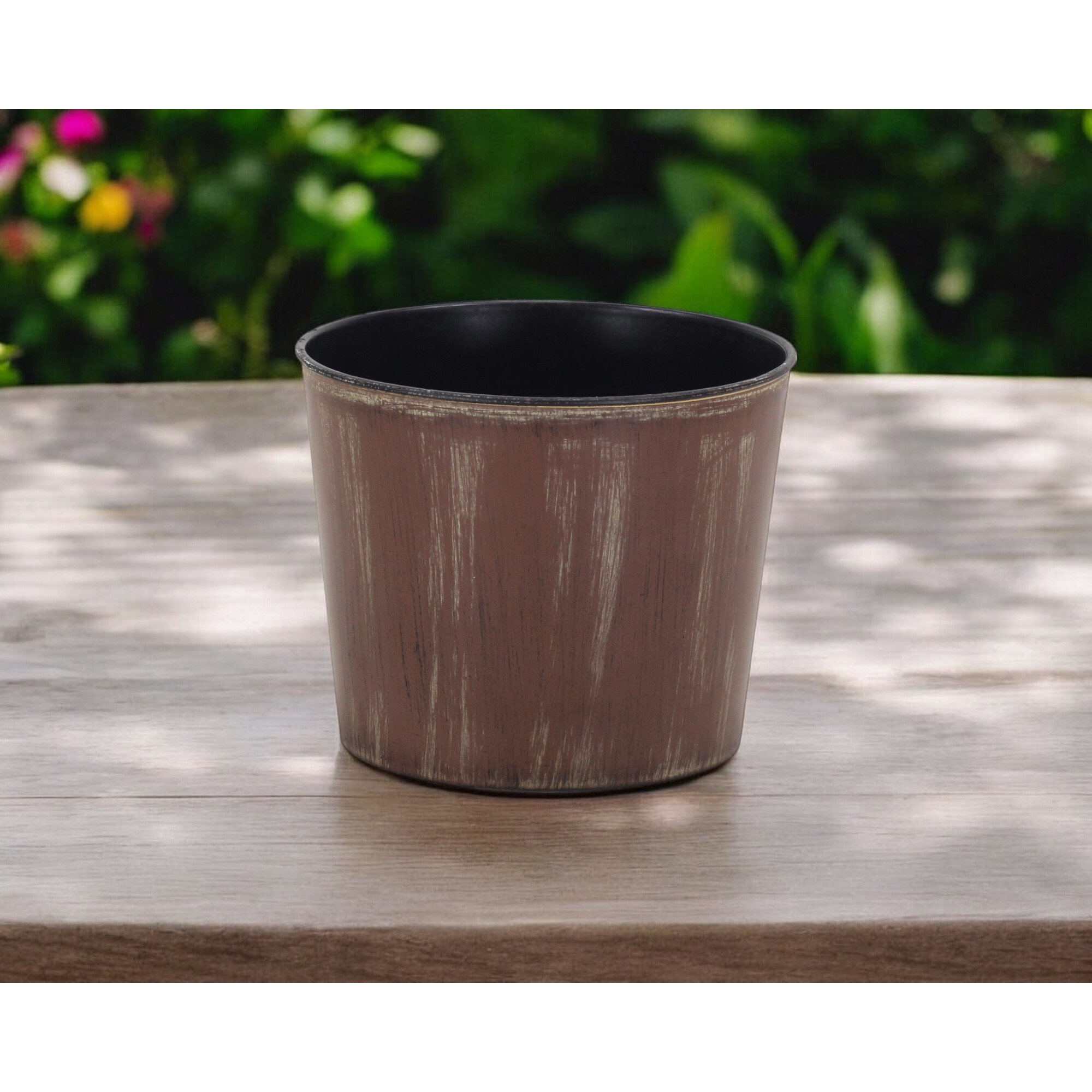 7" Brown and Ivory Abstract Recycled Plastic Indoor Outdoor Round Pot Planter