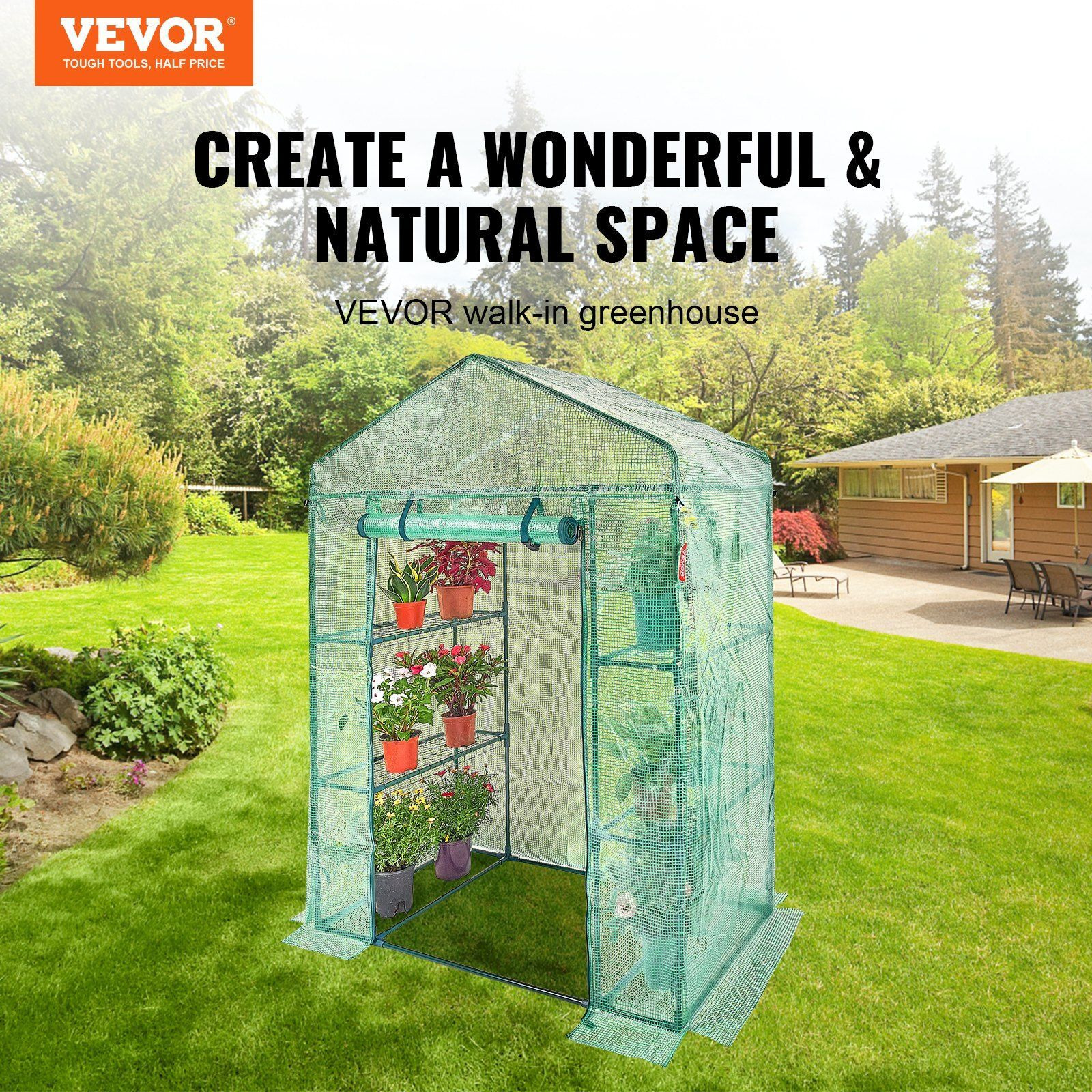 VEVOR Walk-in Green House, 4.6 x 2.4 x 6.7 ft, Greenhouse with Shelves, High Strength PE Cover with Doors, Windows and Steel Frame, Set Up in Minutes, for Planting and Storage