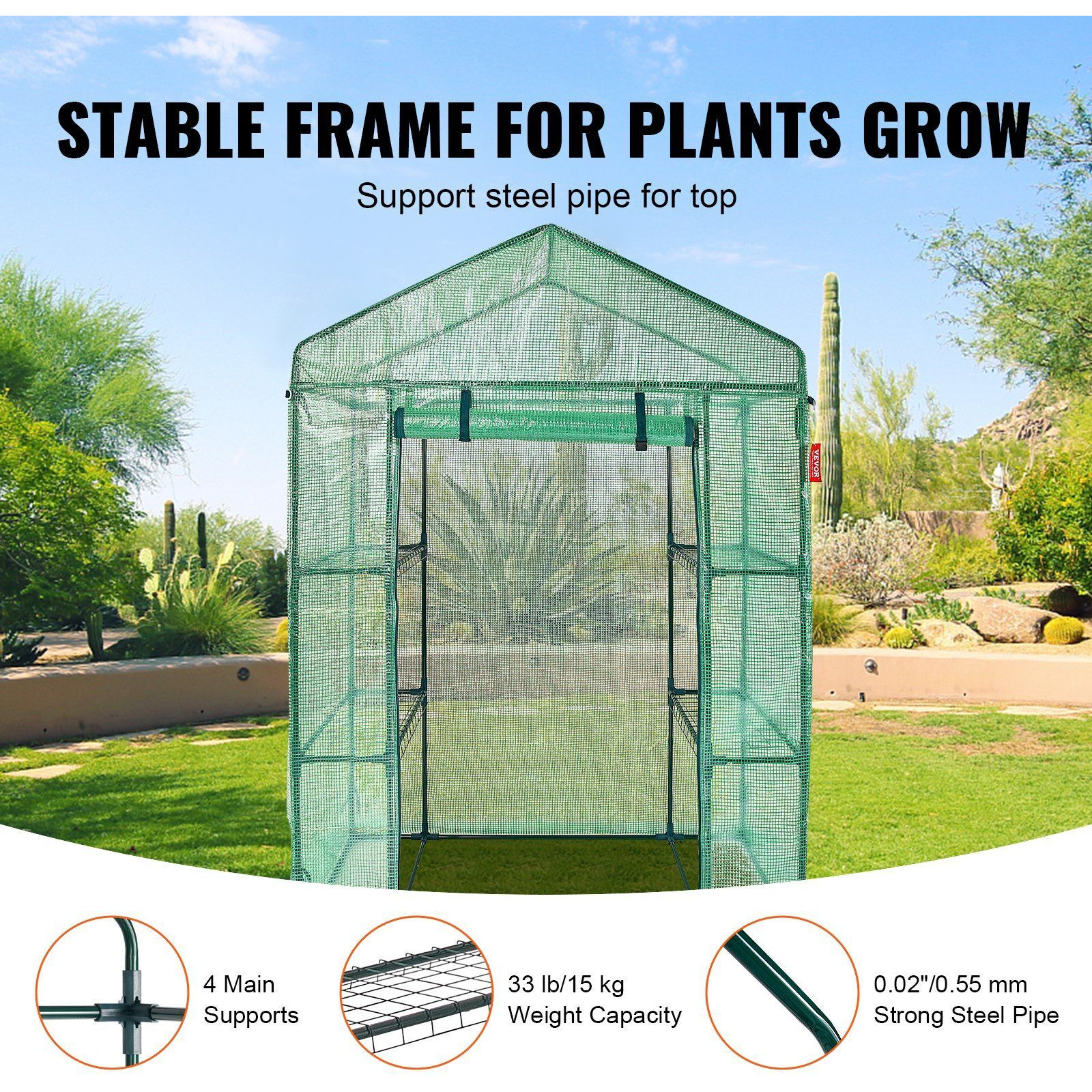 VEVOR Walk-in Green House, 4.6 x 2.4 x 6.7 ft, Greenhouse with Shelves, High Strength PE Cover with Doors, Windows and Steel Frame, Set Up in Minutes, for Planting and Storage