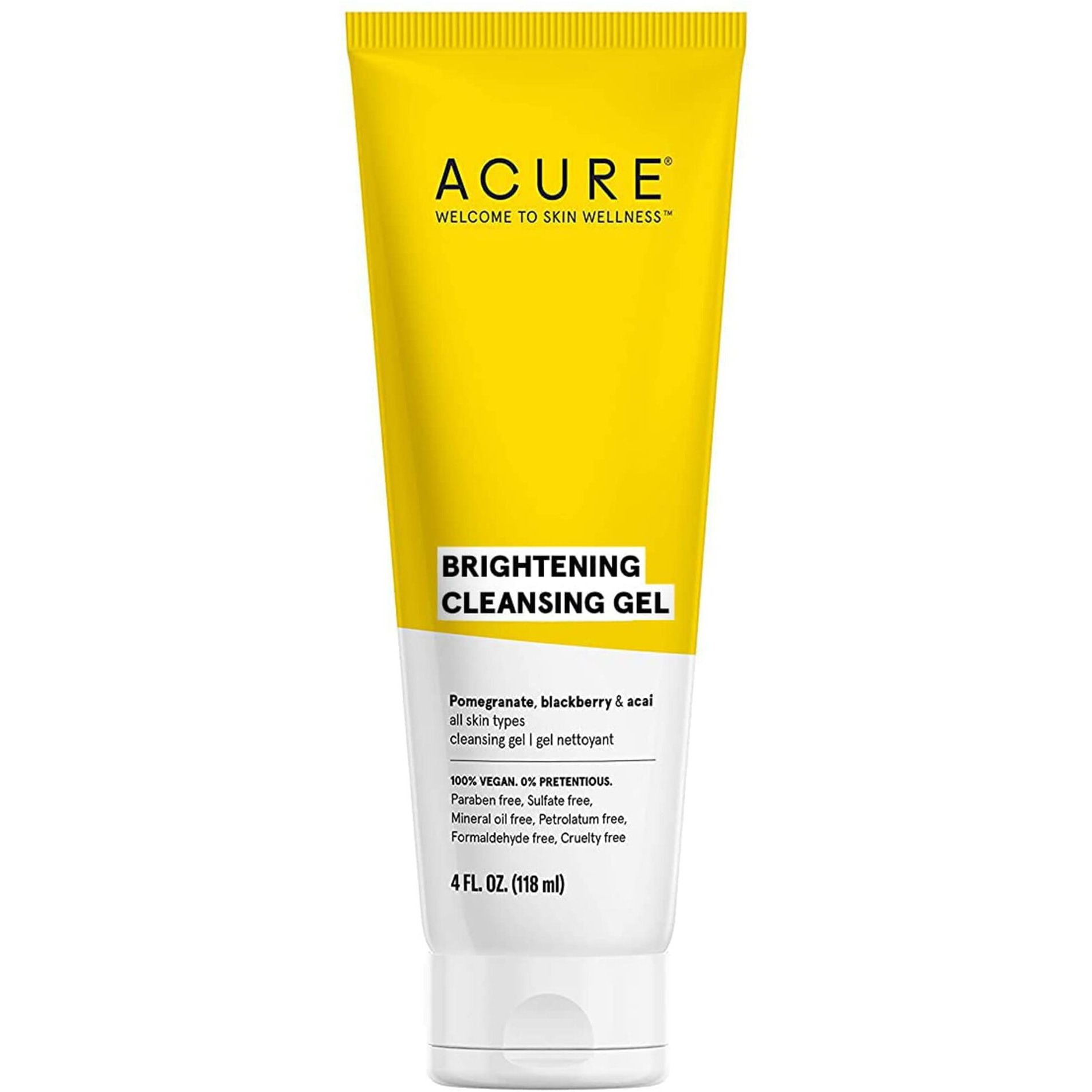 Acure Brightening Cleansing Gel - Vegan Cleanser for Radiant Skin - Pomegranate, Blackberry & Acai Infused - Antioxidant-Rich Gentle Formula for All Skin Types - 4 Fl Oz