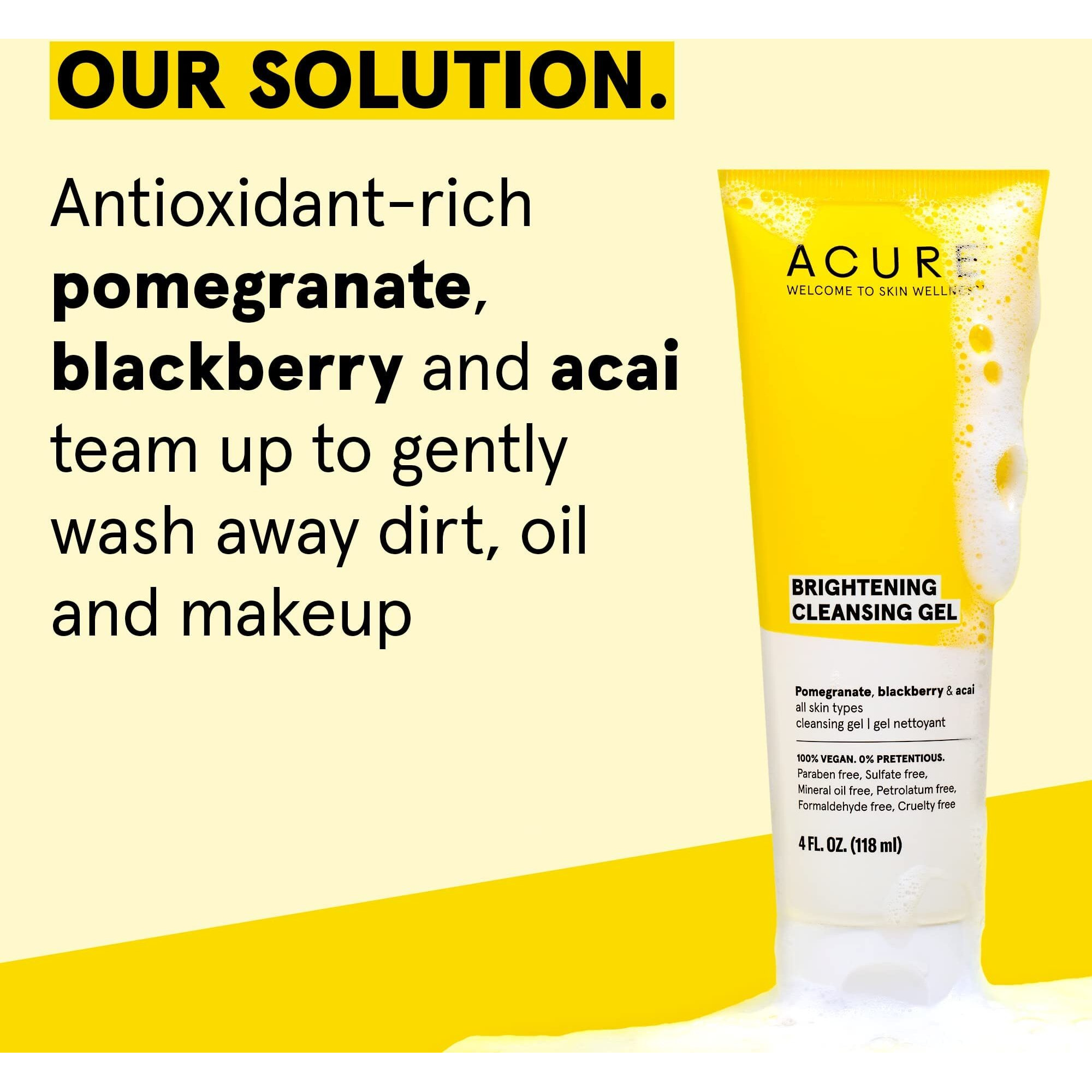 Acure Brightening Cleansing Gel - Vegan Cleanser for Radiant Skin - Pomegranate, Blackberry & Acai Infused - Antioxidant-Rich Gentle Formula for All Skin Types - 4 Fl Oz