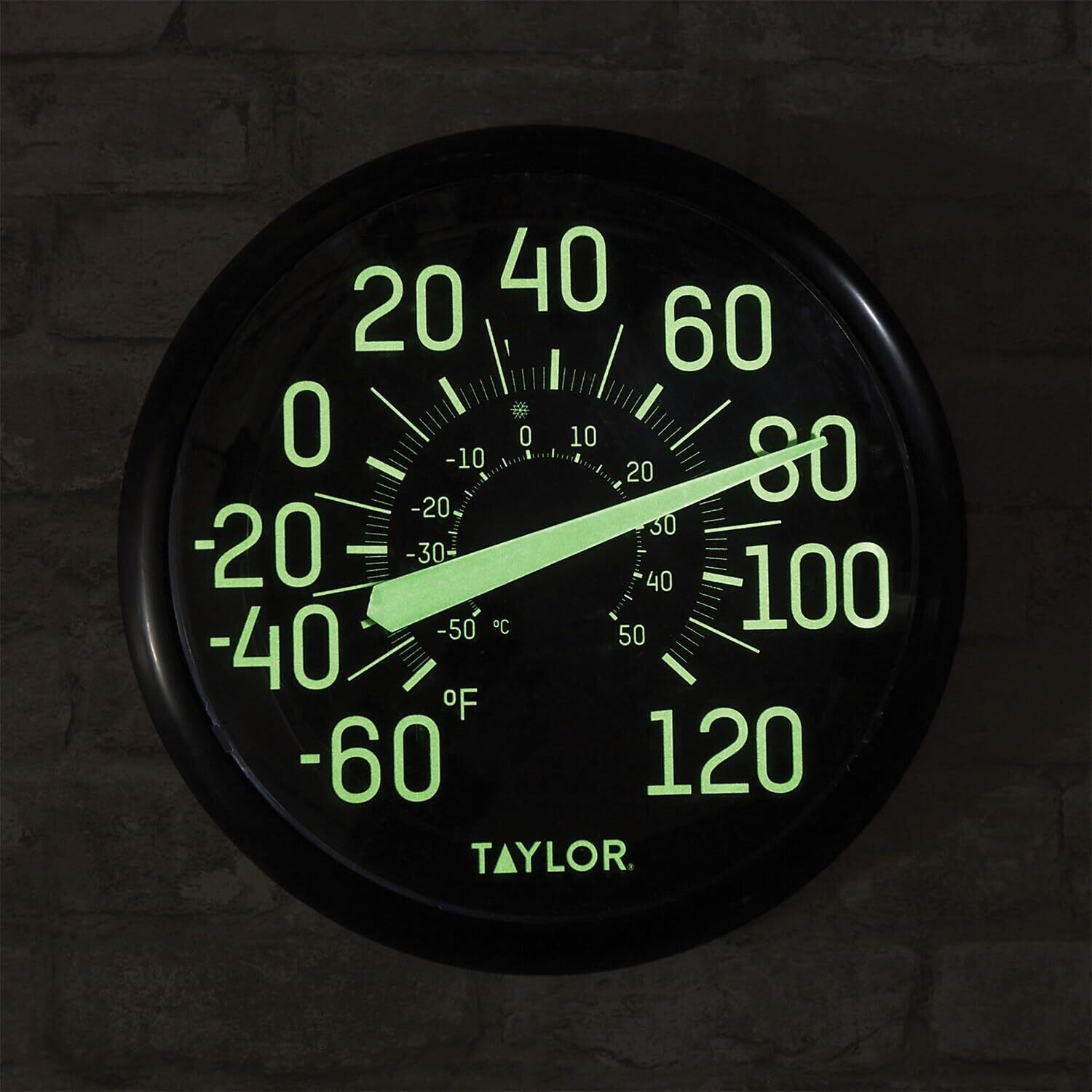 Taylor Precision Products Glow in the Dark Wall Indoor Thermometer, 13.25 inch, Black