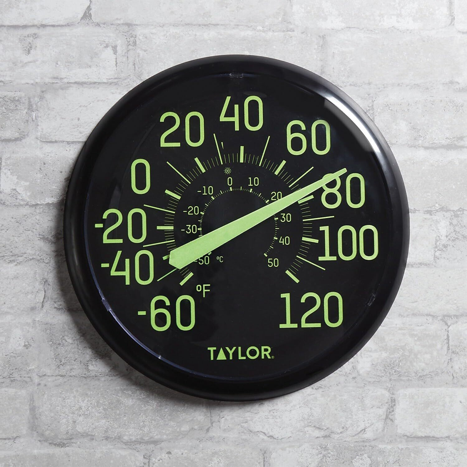 Taylor Precision Products Glow in the Dark Wall Indoor Thermometer, 13.25 inch, Black
