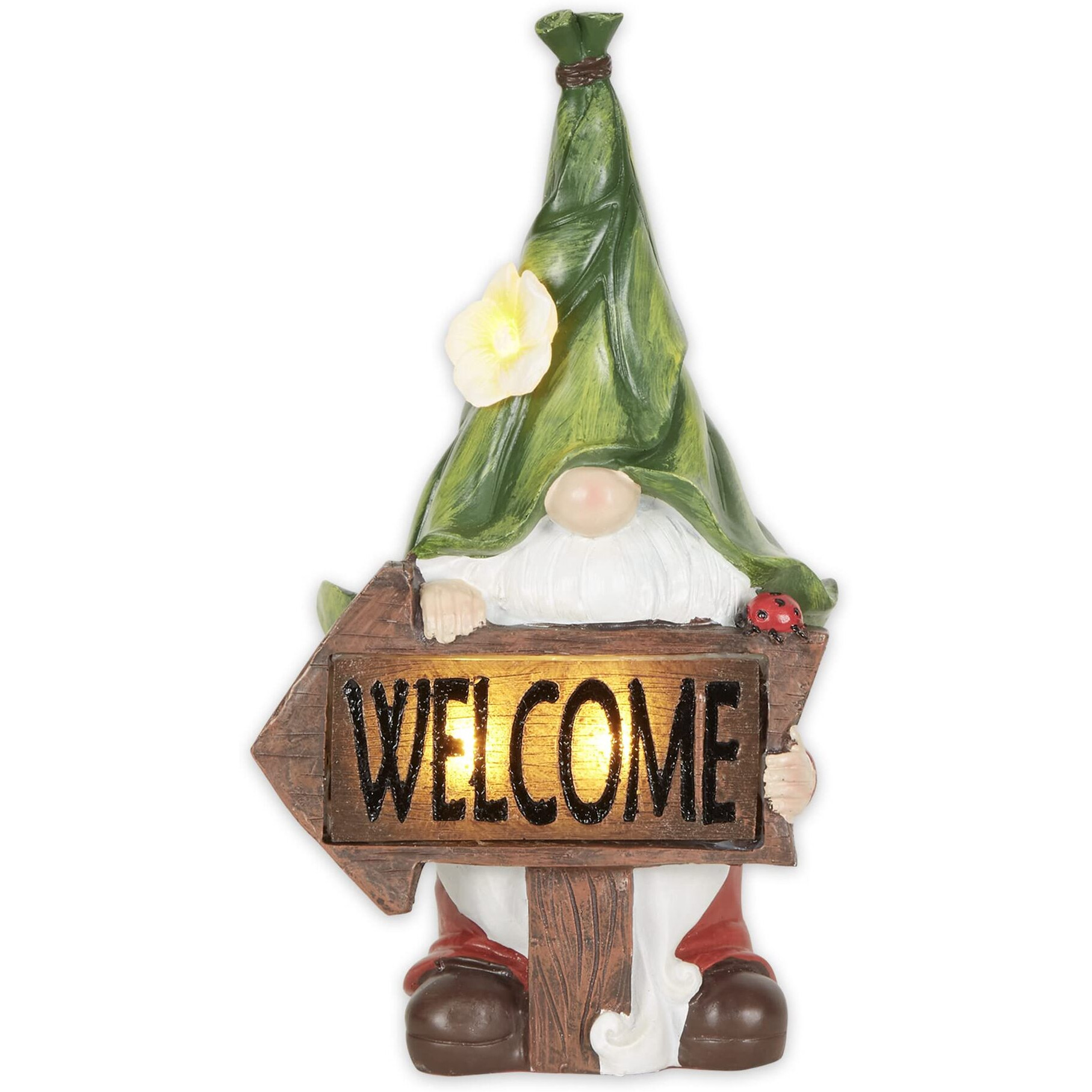 GNOME WITH GLOWING WELCOME SIGN SOLAR STATUE