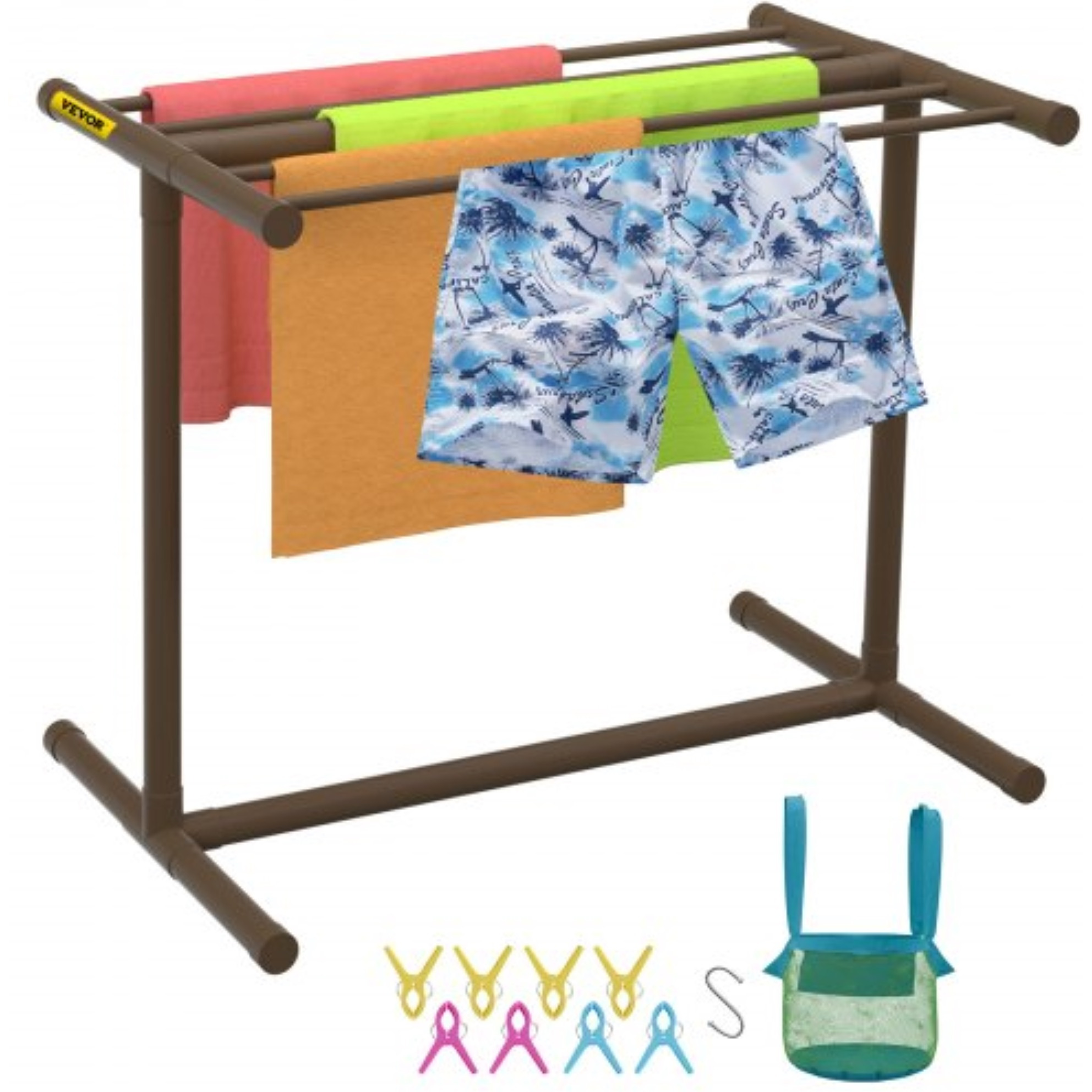 VEVOR Pool Towel Rack, 5 Bar, Brown, Freestanding Outdoor PVC T-Shape Poolside Storage Organizer, Include 8 Towel Clips, Mesh Bag, Hook, Also Stores Floats and Paddles, for Beach, Swimming Pool, Home