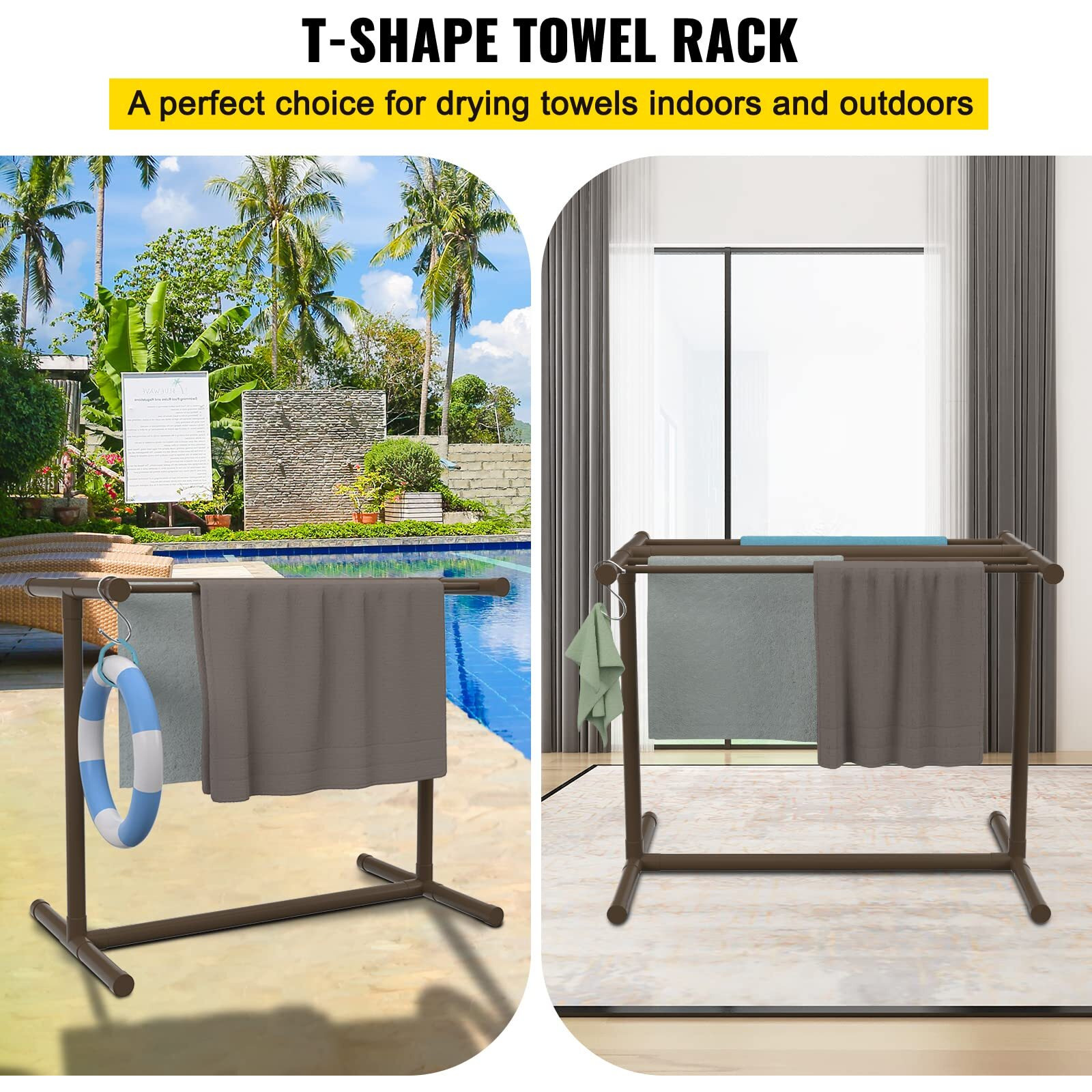 VEVOR Pool Towel Rack, 5 Bar, Brown, Freestanding Outdoor PVC T-Shape Poolside Storage Organizer, Include 8 Towel Clips, Mesh Bag, Hook, Also Stores Floats and Paddles, for Beach, Swimming Pool, Home
