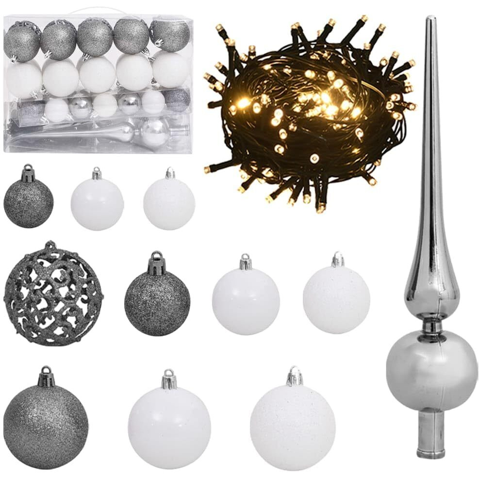 vidaXL 61 Piece Christmas Ball Set with Peak and 150 LEDs White&Gey