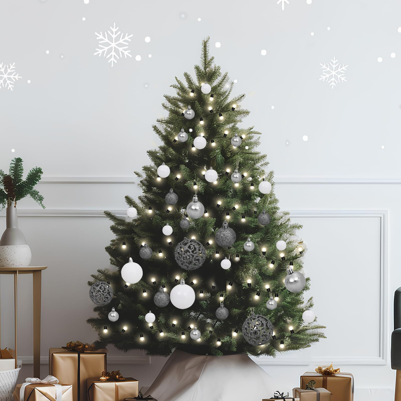 vidaXL 61 Piece Christmas Ball Set with Peak and 150 LEDs White&Gey