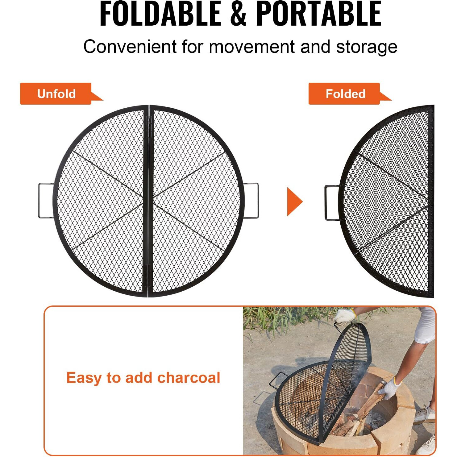 VEVOR X-Marks Fire Pit Grill Grate, Foldable Round Cooking Grate, Heavy Duty Steel Campfire BBQ Grill Grid with Handle and Support X Wire, Portable Camping Cookware for Outside Party, 36 Inch Black