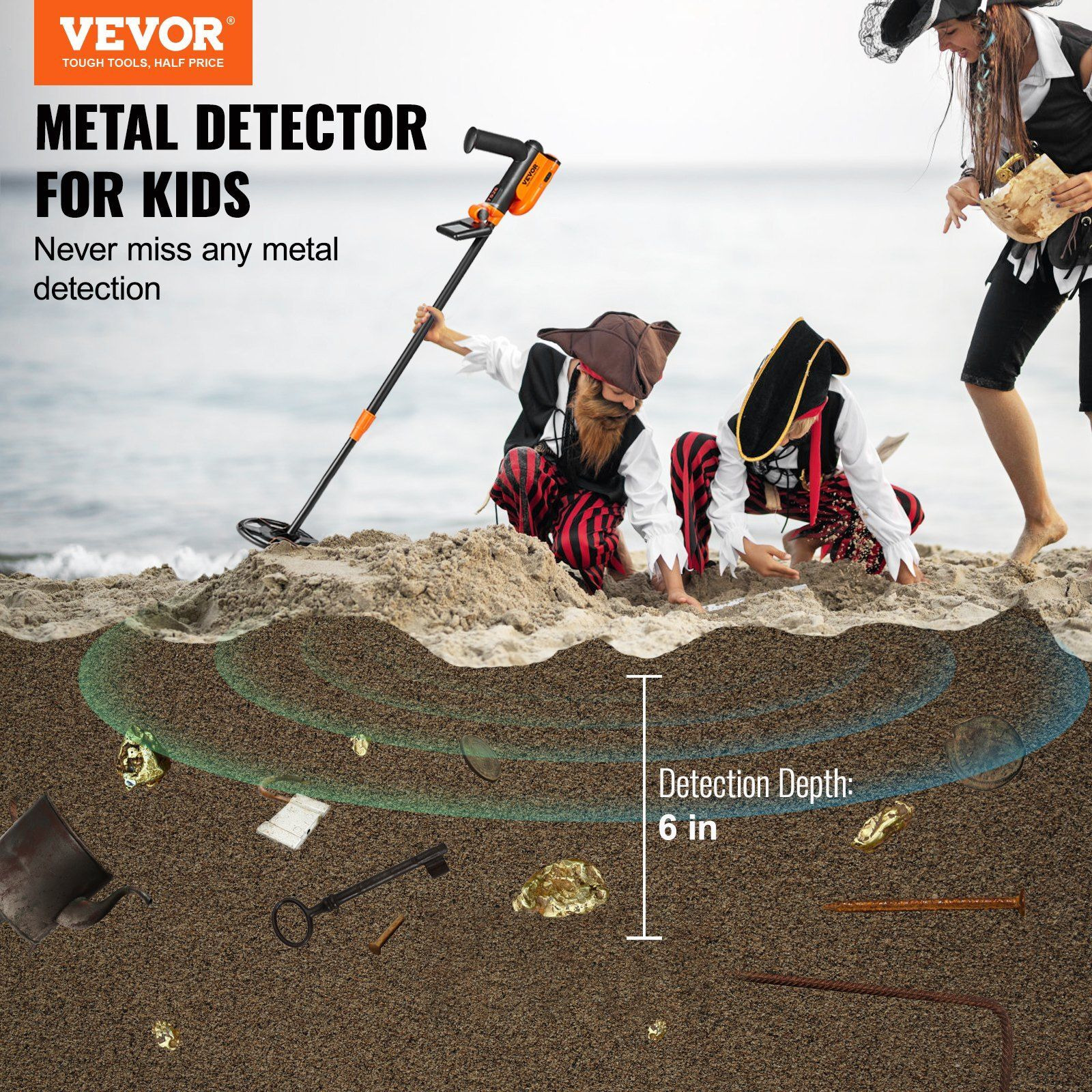VEVOR Metal Detector for Kids, 6 Inch, 25''-37'' Adjustable Gold Detector, IP68 Waterproof Search Coil with LCD Display Advanced DSP Chip, Lightweight for Junior & Youth Detecting Gold Coin Treasure