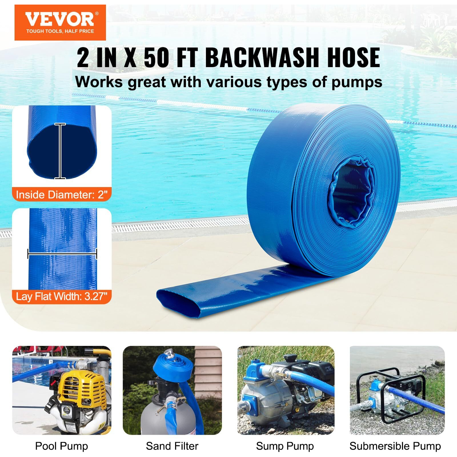 VEVOR Backwash Hose, 2 in x 50 ft, Heavy-Duty PVC Flat Pool Discharge Hose with Aluminum Camlock C & E Fittings, Clamps, Compatible with Pumps, Sand Filters, for Swimming Pools Waste Water Drain, Blue