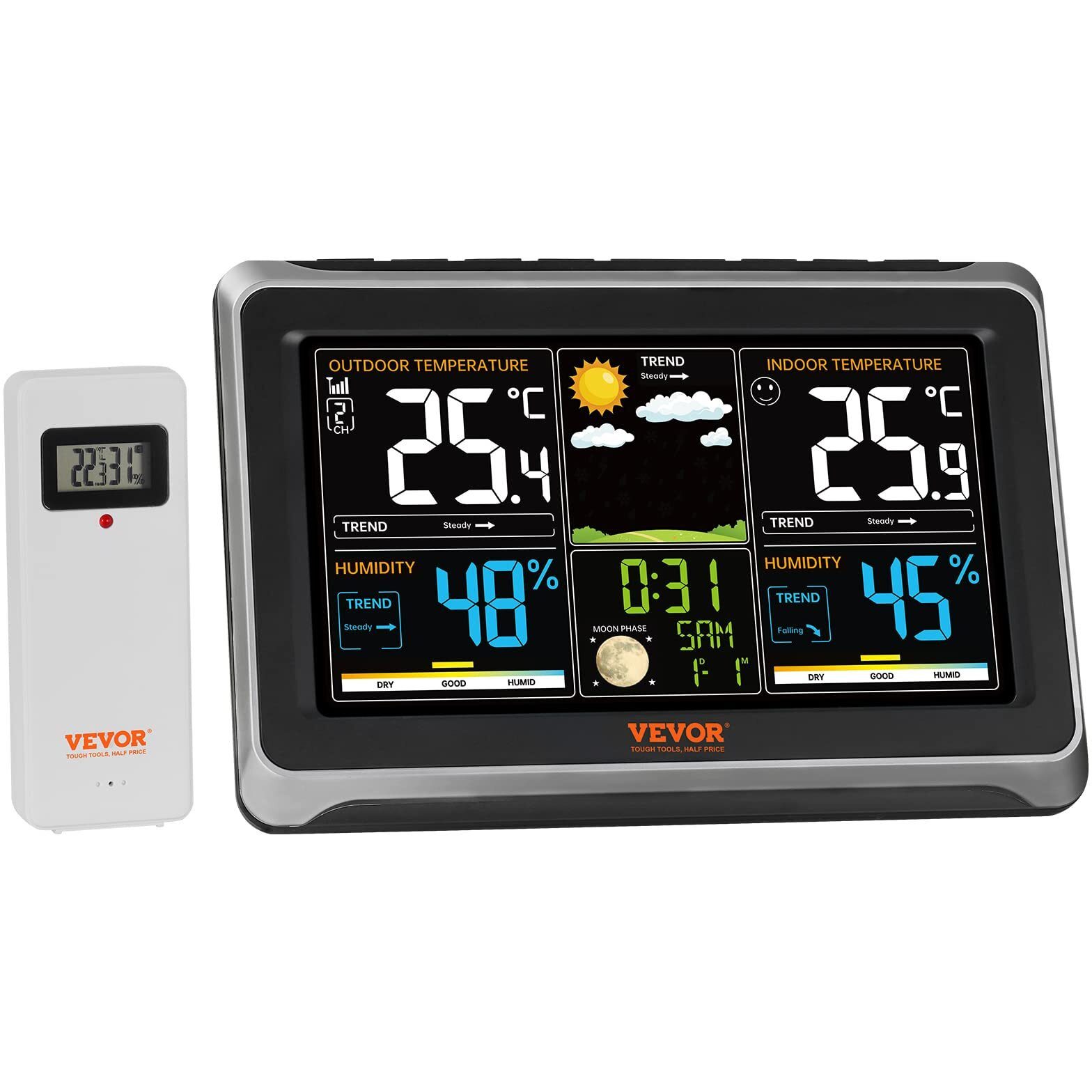 VEVOR Weather Station Indoor Outdoor, 7.5 in Large Color Display, Wireless Digital Home Weather Station, with Sensor Atomic Clock Adjustable Backlight Forecast Data Calendar Alarm Alert Temperature
