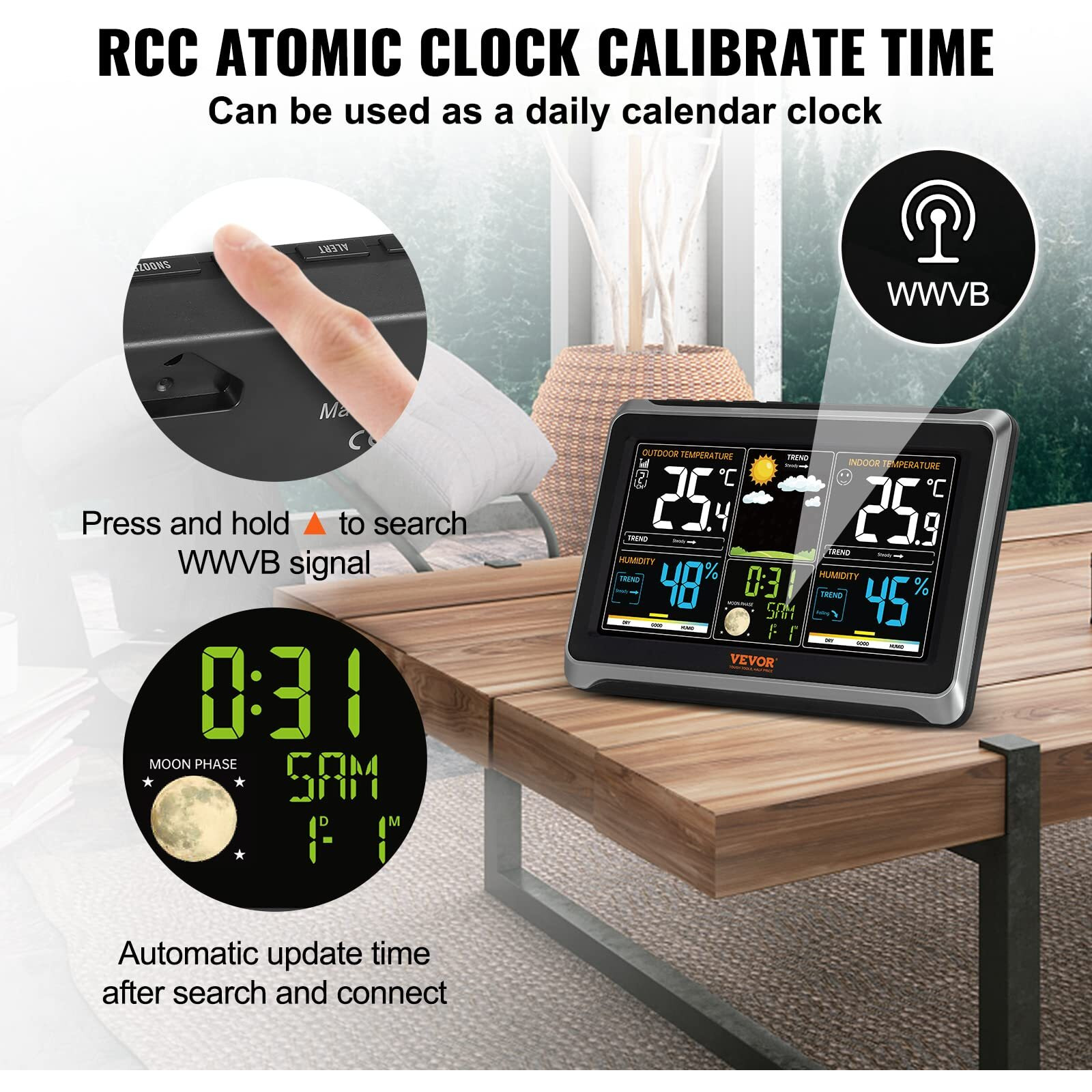 VEVOR Weather Station Indoor Outdoor, 7.5 in Large Color Display, Wireless Digital Home Weather Station, with Sensor Atomic Clock Adjustable Backlight Forecast Data Calendar Alarm Alert Temperature