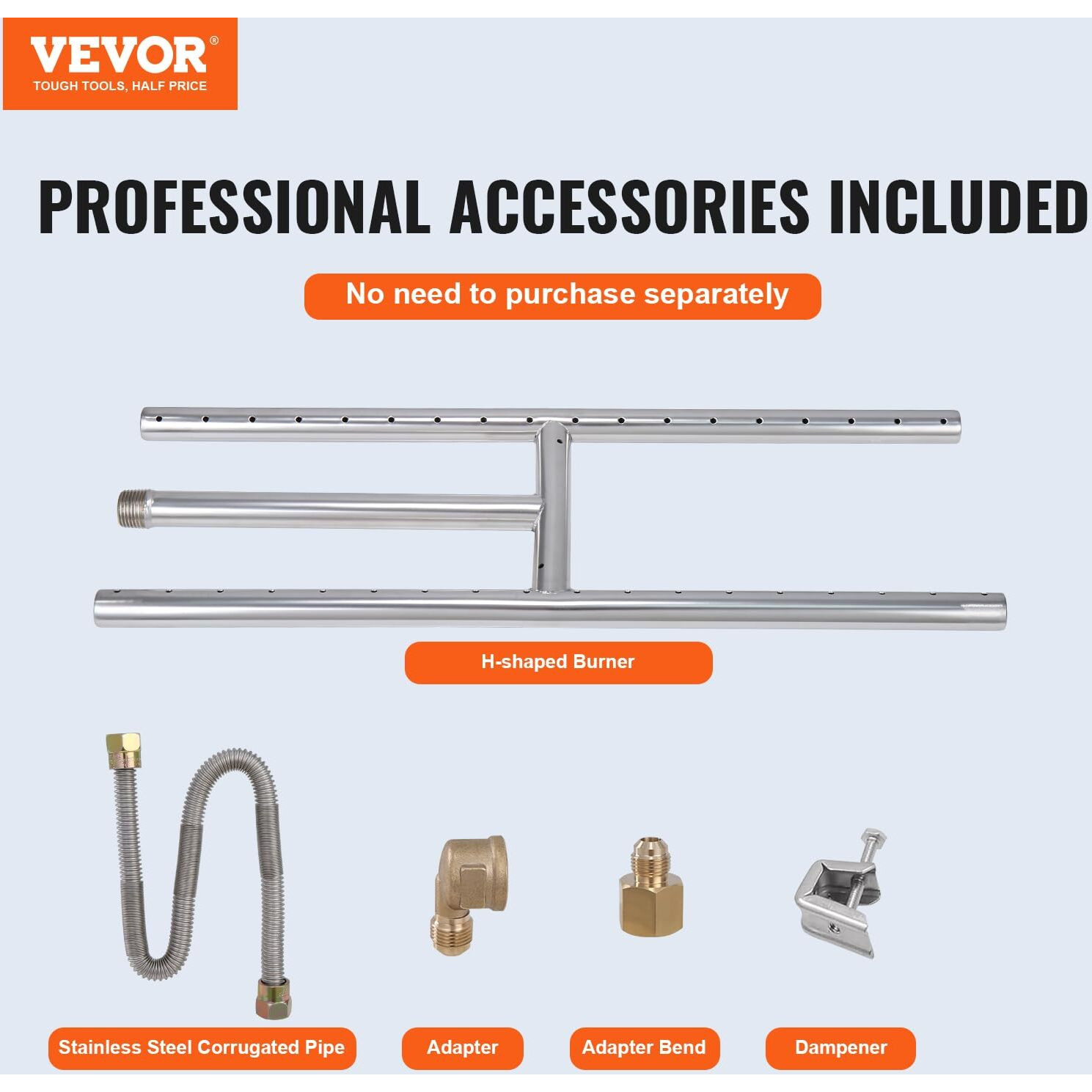 VEVOR 6 x 18 inch Drop-in Fire Pit Pan, Rectangular Stainless Steel Fire Pit Burner, Natural & Propane Gas Fire Pan H-Burner 90,000 BTU for Indoor or Outdoor Use
