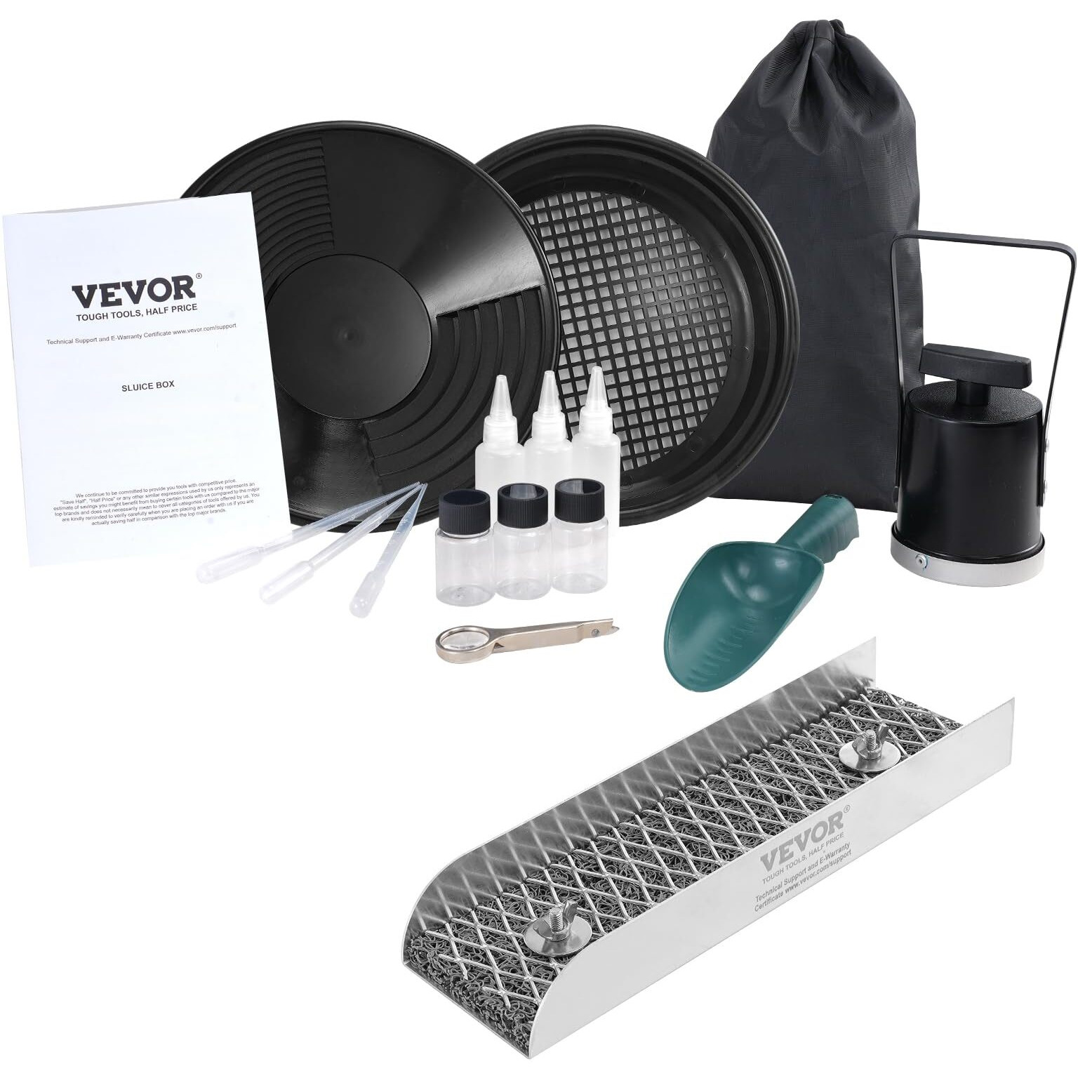 VEVOR Mini Sluice Box Gold Panning Kit, 12inch Aluminum Alloy Gold Mining Equipment, 16 PCS Gold Prospecting Kit with Gold Pan, Separating Magnet, Classifier Screen, Drawstring Backpack and More