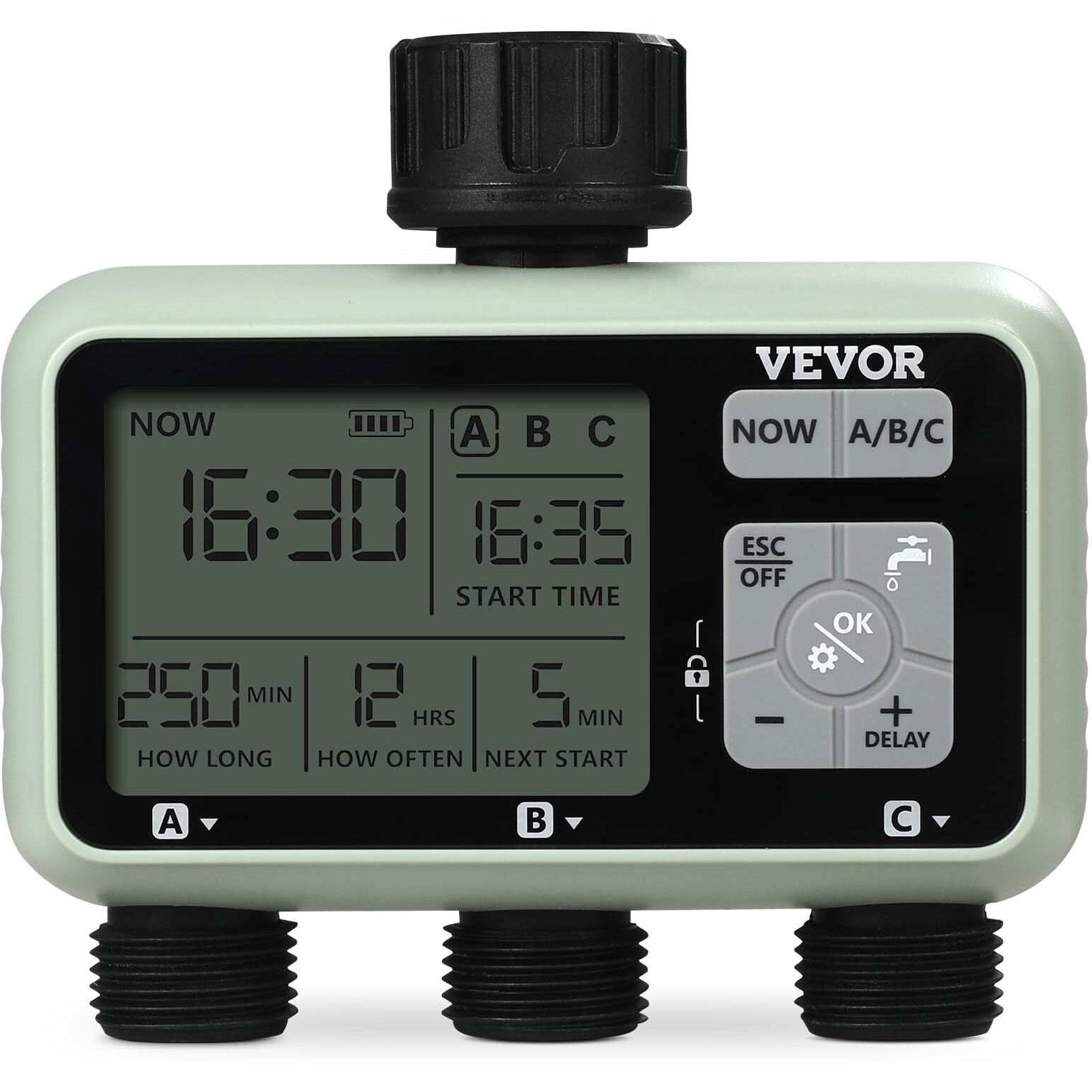 VEVOR Water Timer, 3 Outlets, Hose Watering Sprinkler Timer, with 3 Independent Watering Zone LCD Display Rain Delay Mode Manual Mode 360 Brass Inlet Metal Filter, IPX6 Waterproof for Yard Watering