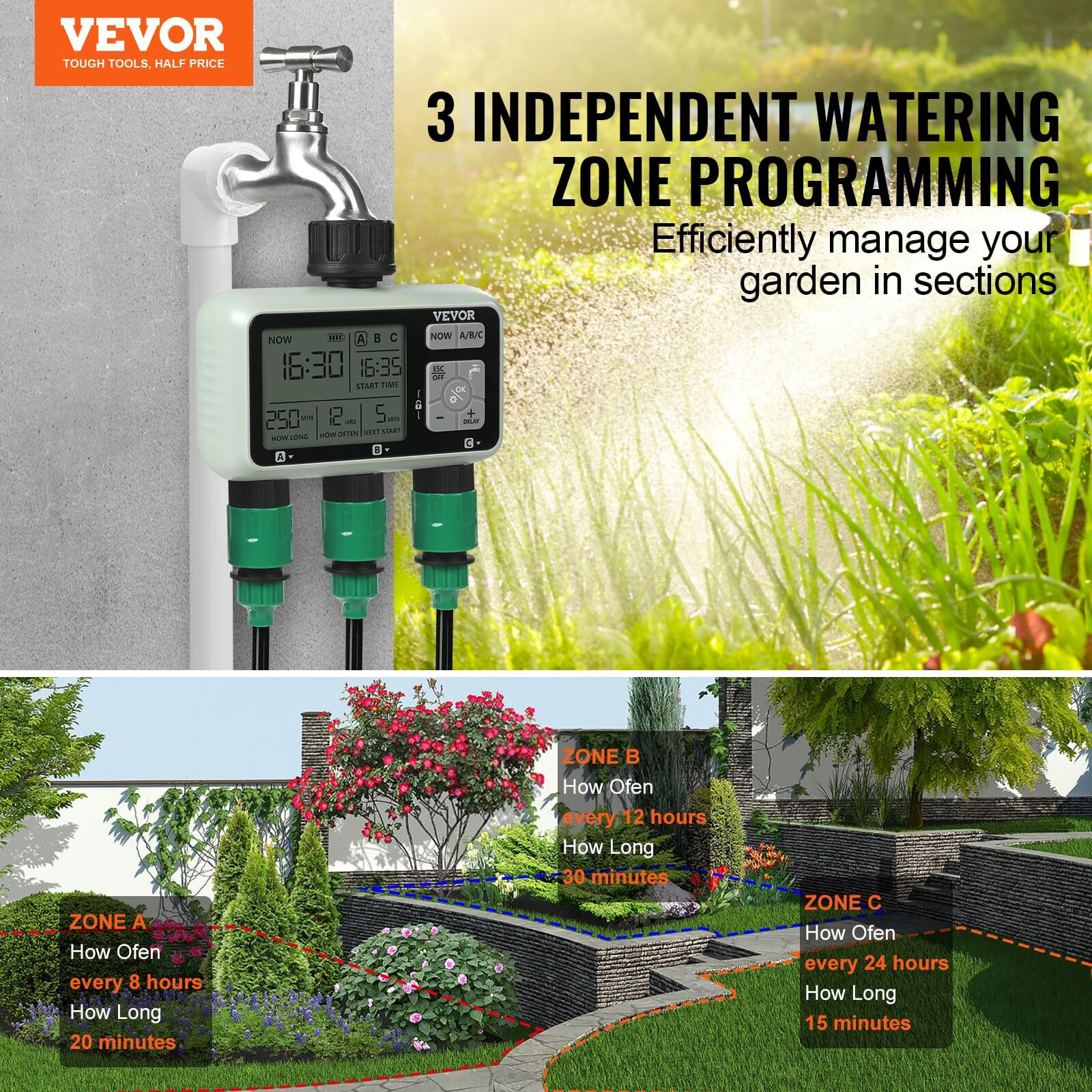 VEVOR Water Timer, 3 Outlets, Hose Watering Sprinkler Timer, with 3 Independent Watering Zone LCD Display Rain Delay Mode Manual Mode 360 Brass Inlet Metal Filter, IPX6 Waterproof for Yard Watering