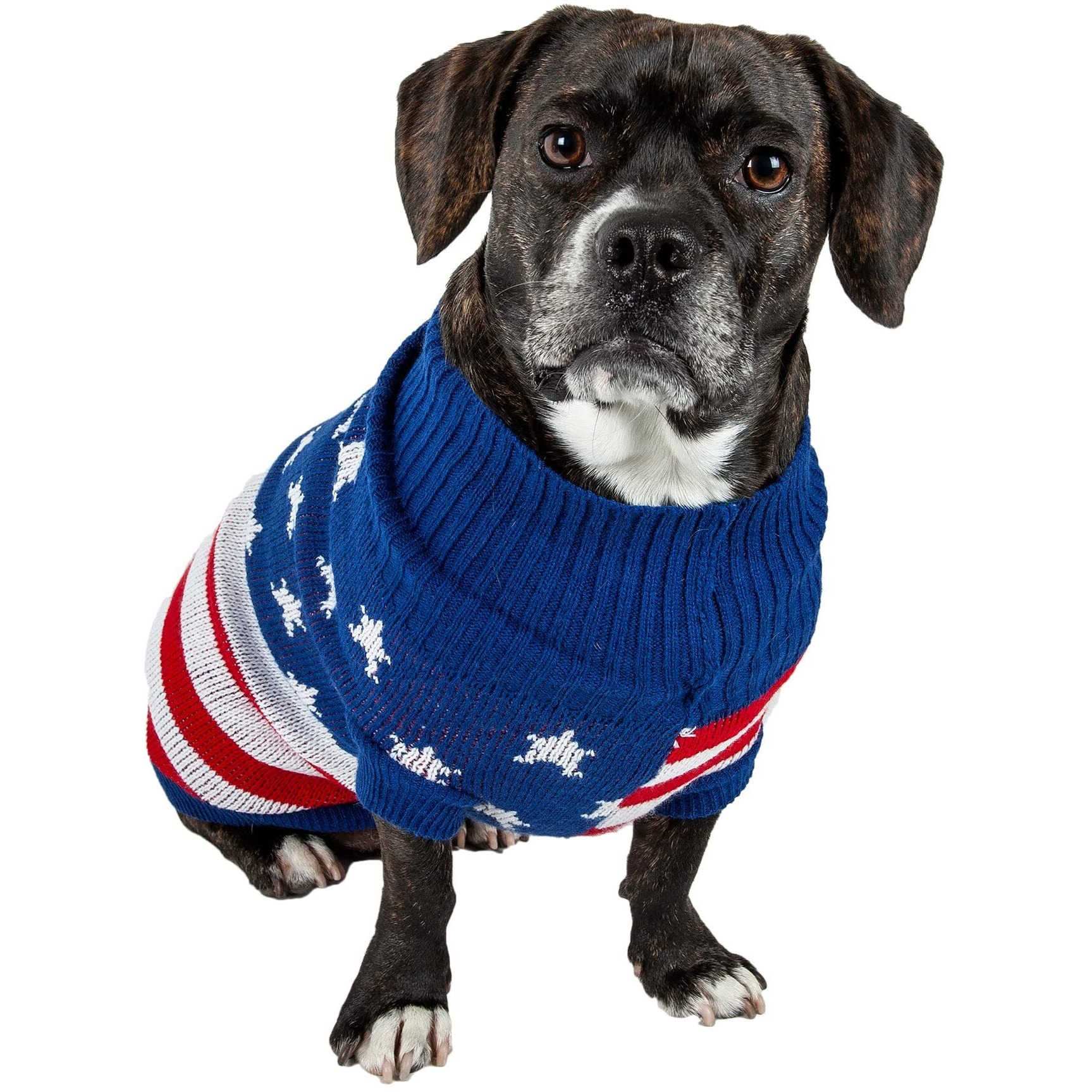 Patriot Independence Star Heavy Knitted Fashion Ribbed Turtle Neck Dog Sweater(D0102H7LD1W.)