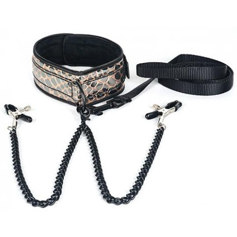 Spartacus Faux Leather Collar & Leash Black Nipple Clamps Gold(D0102H50627.)