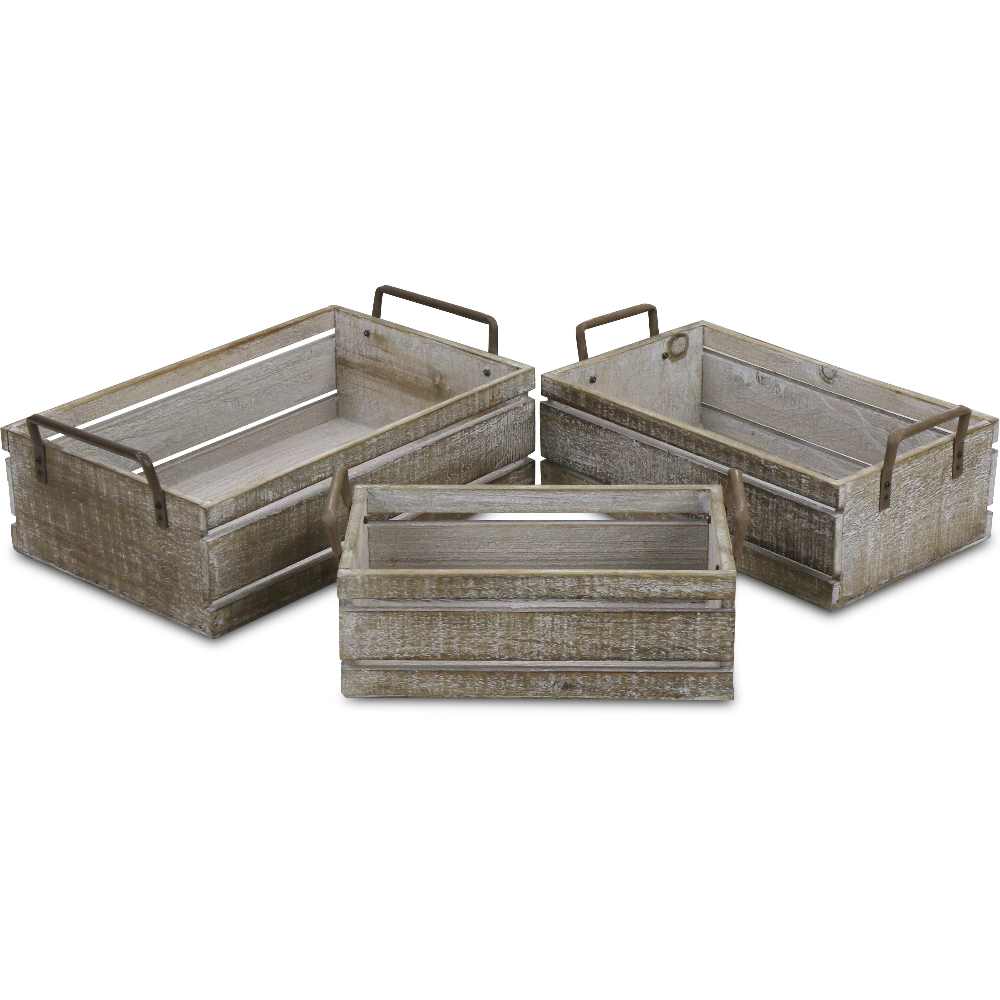 Selma Set of 3 Brown Wood Grain Slatted Rectangular Small Crate with Side Handles
