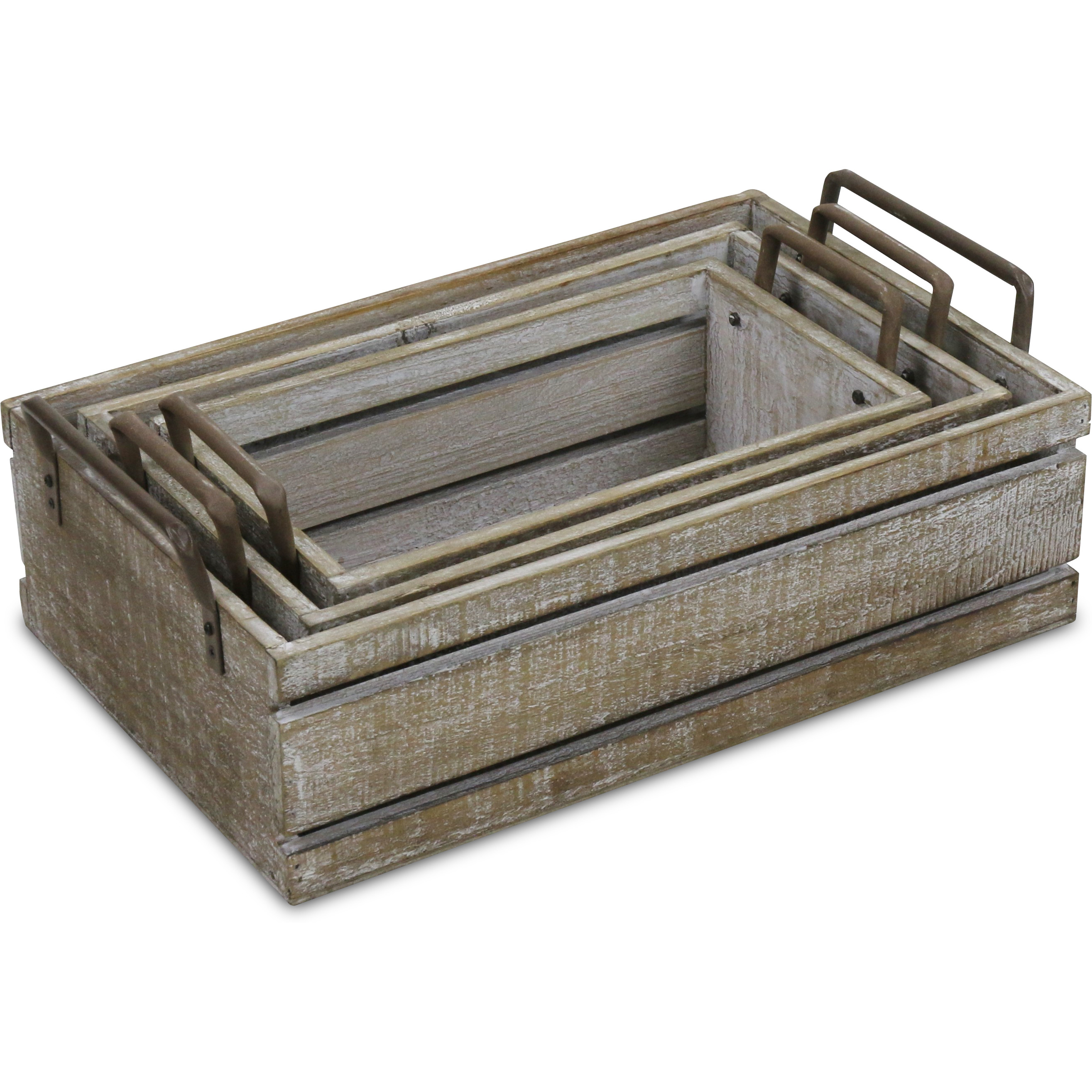 Selma Set of 3 Brown Wood Grain Slatted Rectangular Small Crate with Side Handles
