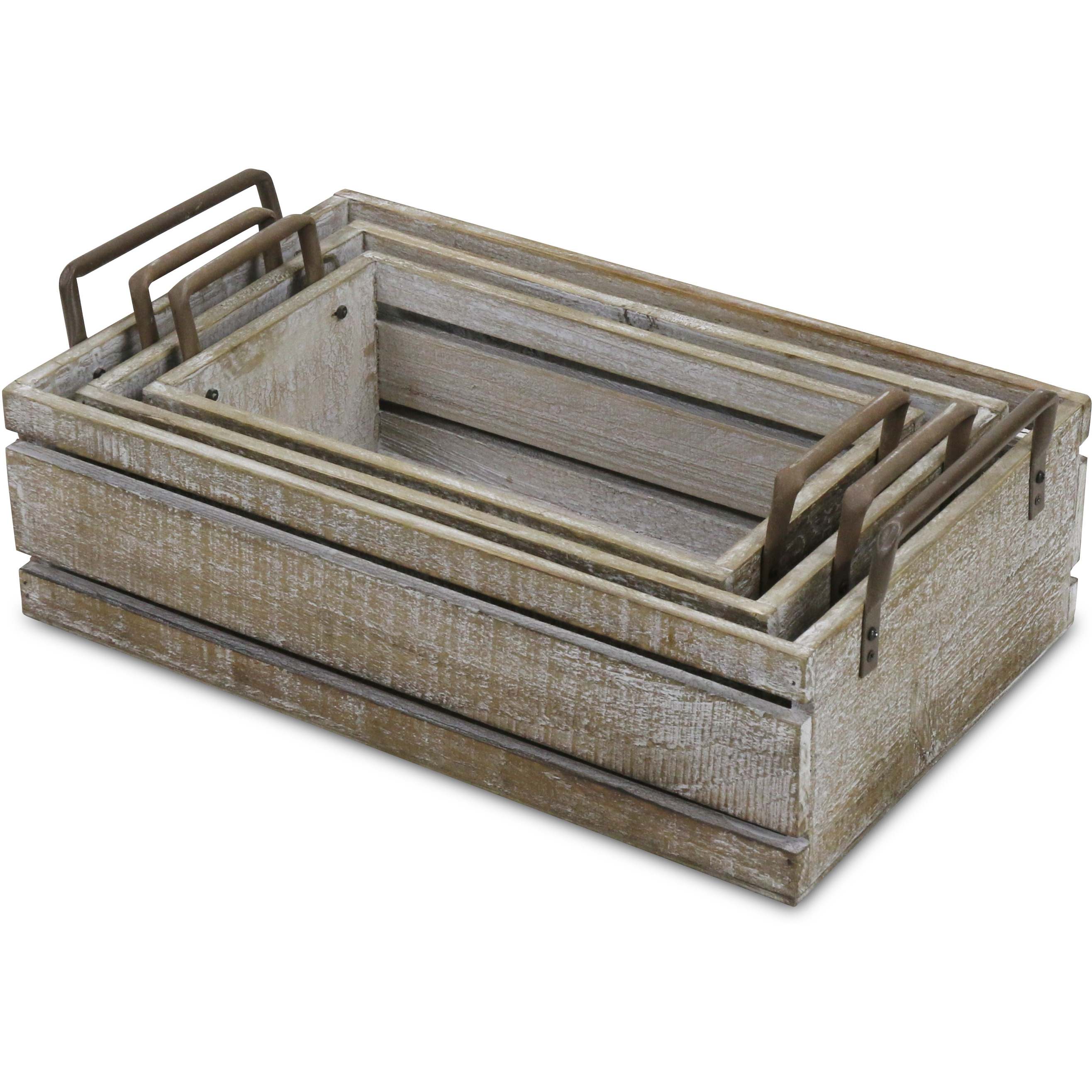 Selma Set of 3 Brown Wood Grain Slatted Rectangular Small Crate with Side Handles