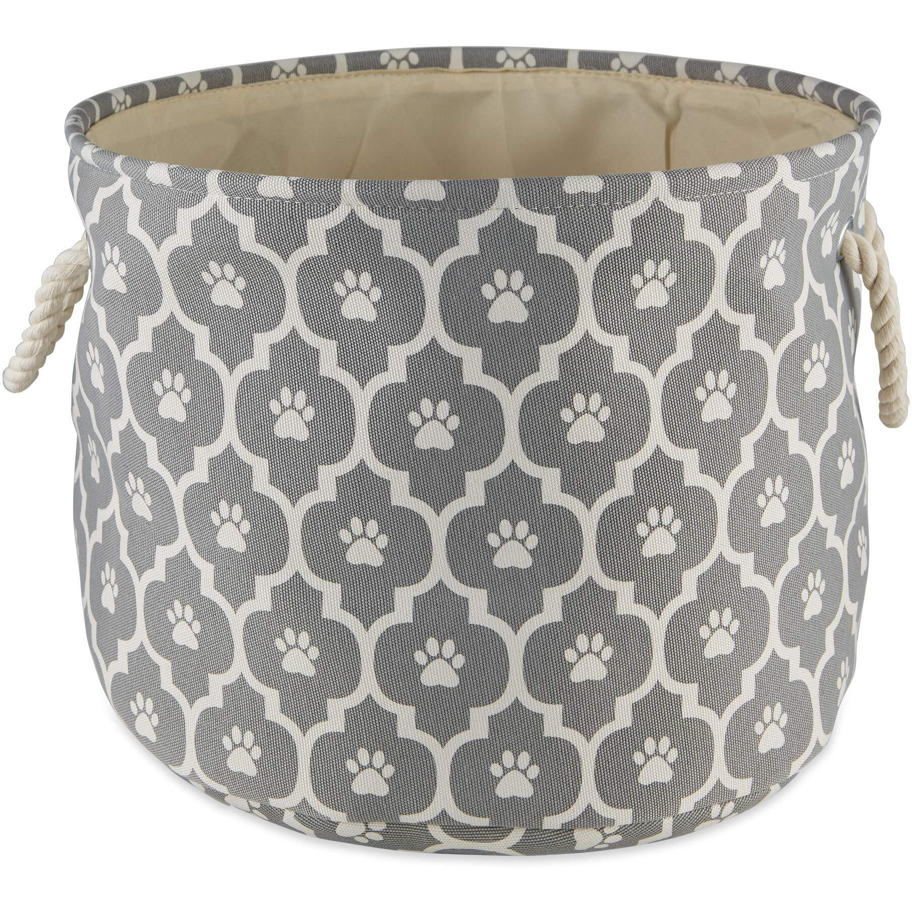 DII Polyester Pet Bin Lattice Paw Gray Round Small