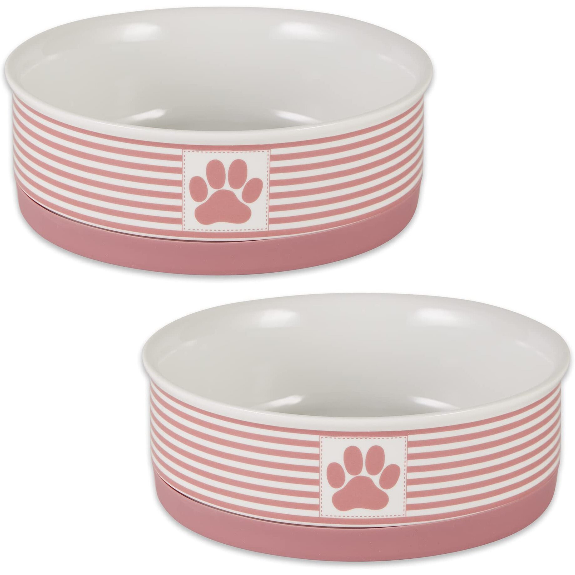 DII Pet Bowl Paw Patch Stripe, Rose, Medium 6Dx2H (Set of 2)