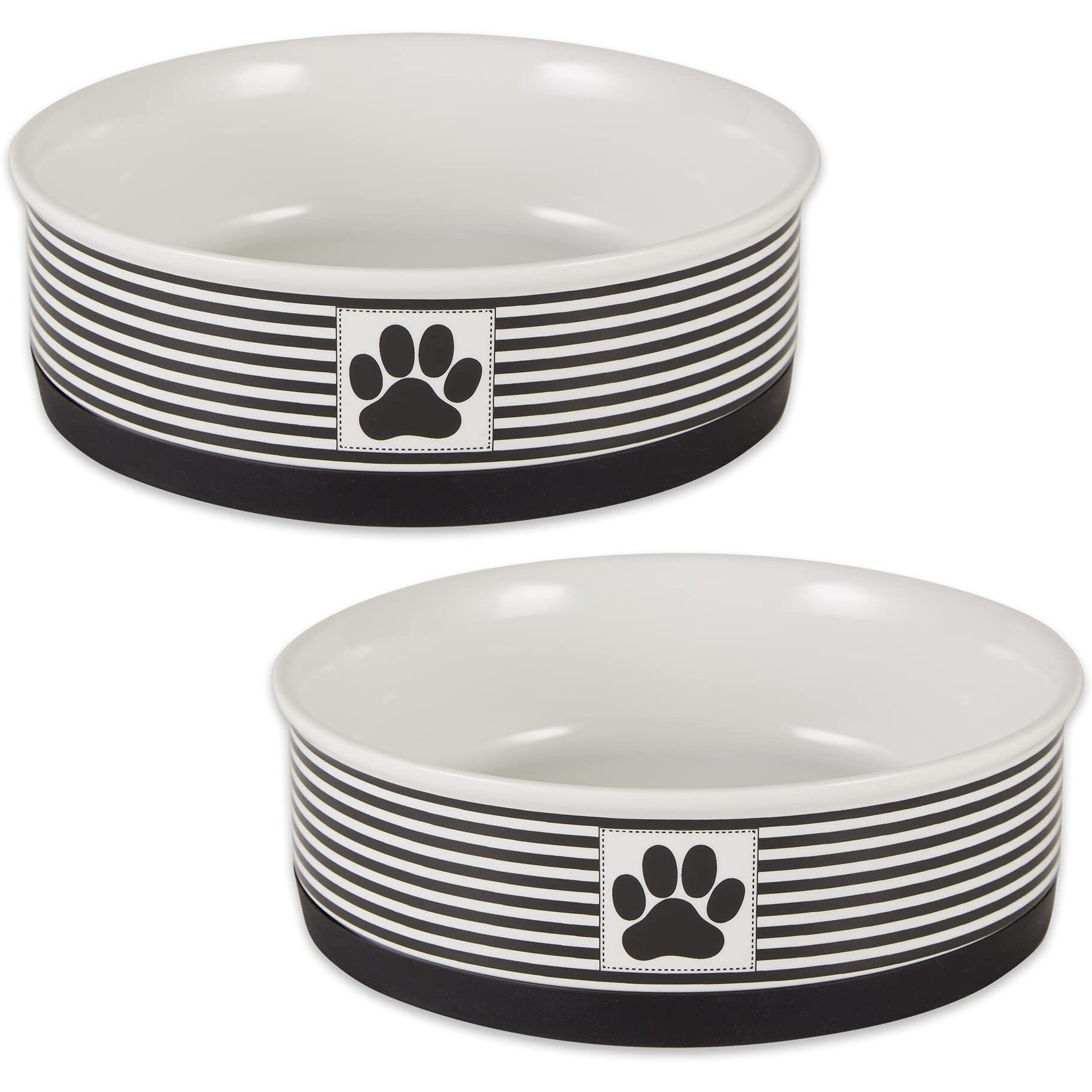 DII Pet Bowl Paw Patch Stripe, Black, Large 7.5Dx2.4H (Set of 2)