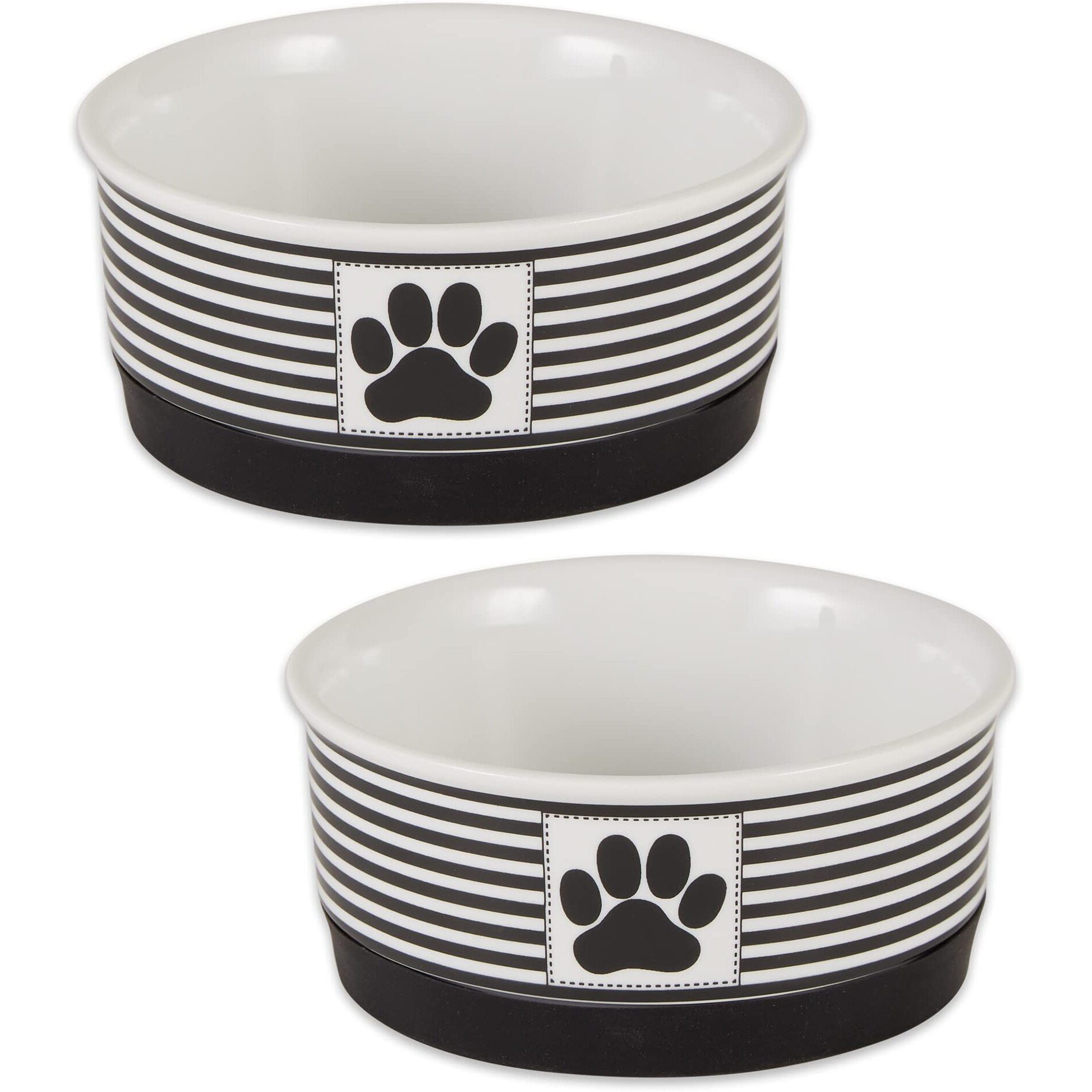 DII Pet Bowl Paw Patch Stripe, Black, Small 4.25Dx2H (Set of 2)
