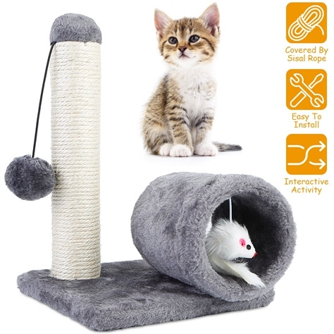 Cat Scratching Post Cat Kitten Sisal Scratch Post Toy w/ Tunnel & Lifelike Mouse Toy Pet Activity Play Fun