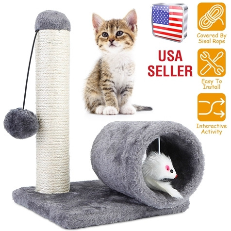 Cat Scratching Post Cat Kitten Sisal Scratch Post Toy w/ Tunnel & Lifelike Mouse Toy Pet Activity Play Fun