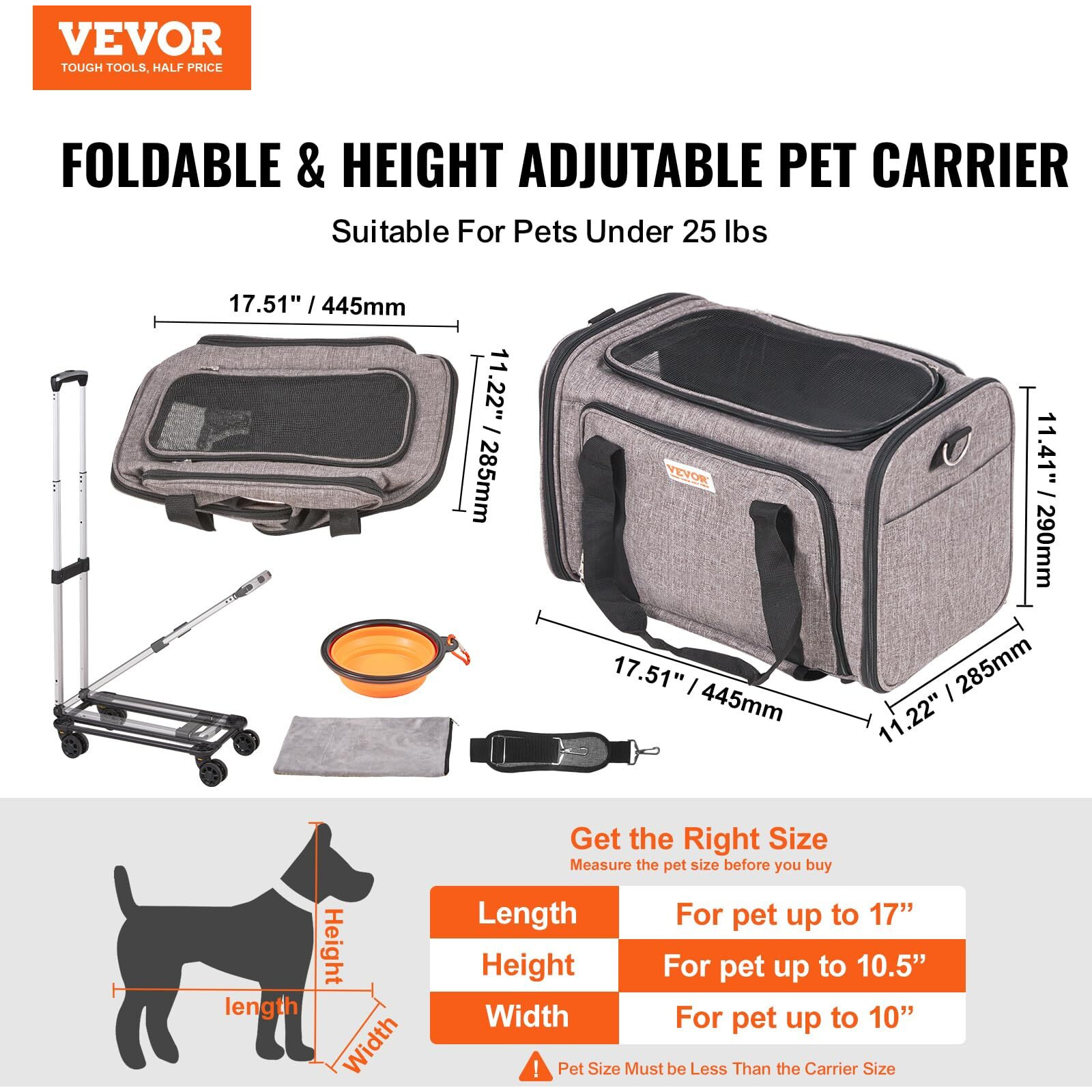 VEVOR Cat Carrier with Wheels, Airline Approved Rolling Pet Carrier with Telescopic Handle and Shoulder Strap, Dog Carrier with Wheels for Pets under 25 lbs, with 1 Folding Bowl, Grey
