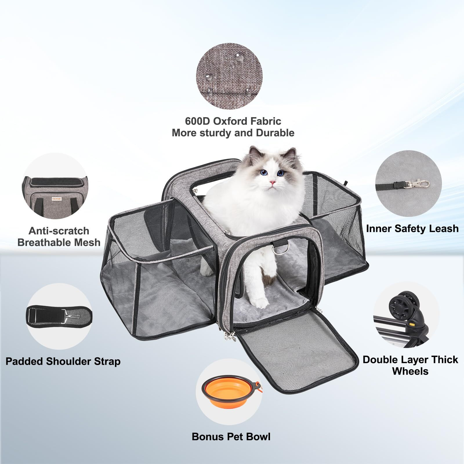 VEVOR Cat Carrier with Wheels, Airline Approved Rolling Pet Carrier with Telescopic Handle and Shoulder Strap, Dog Carrier with Wheels for Pets under 25 lbs, with 1 Folding Bowl, Grey