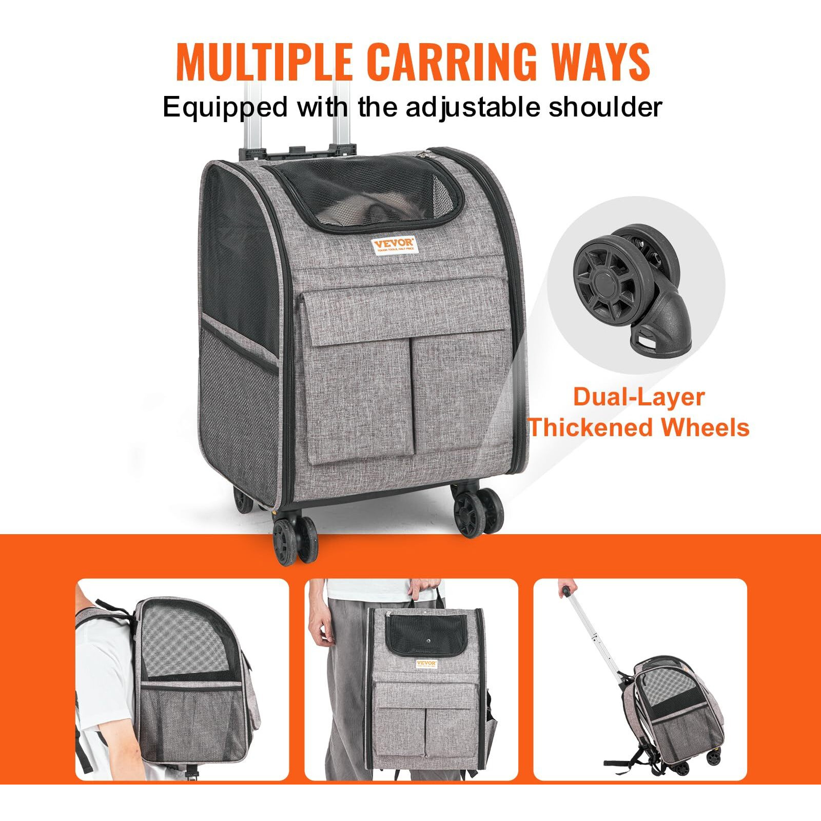 VEVOR Cat Carrier with Wheels, Rolling Pet Carrier with Telescopic Handle and Shoulder Strap, Dog Carrier with Wheels for Pets under 18 lbs, with 1 Folding Bowl, Grey