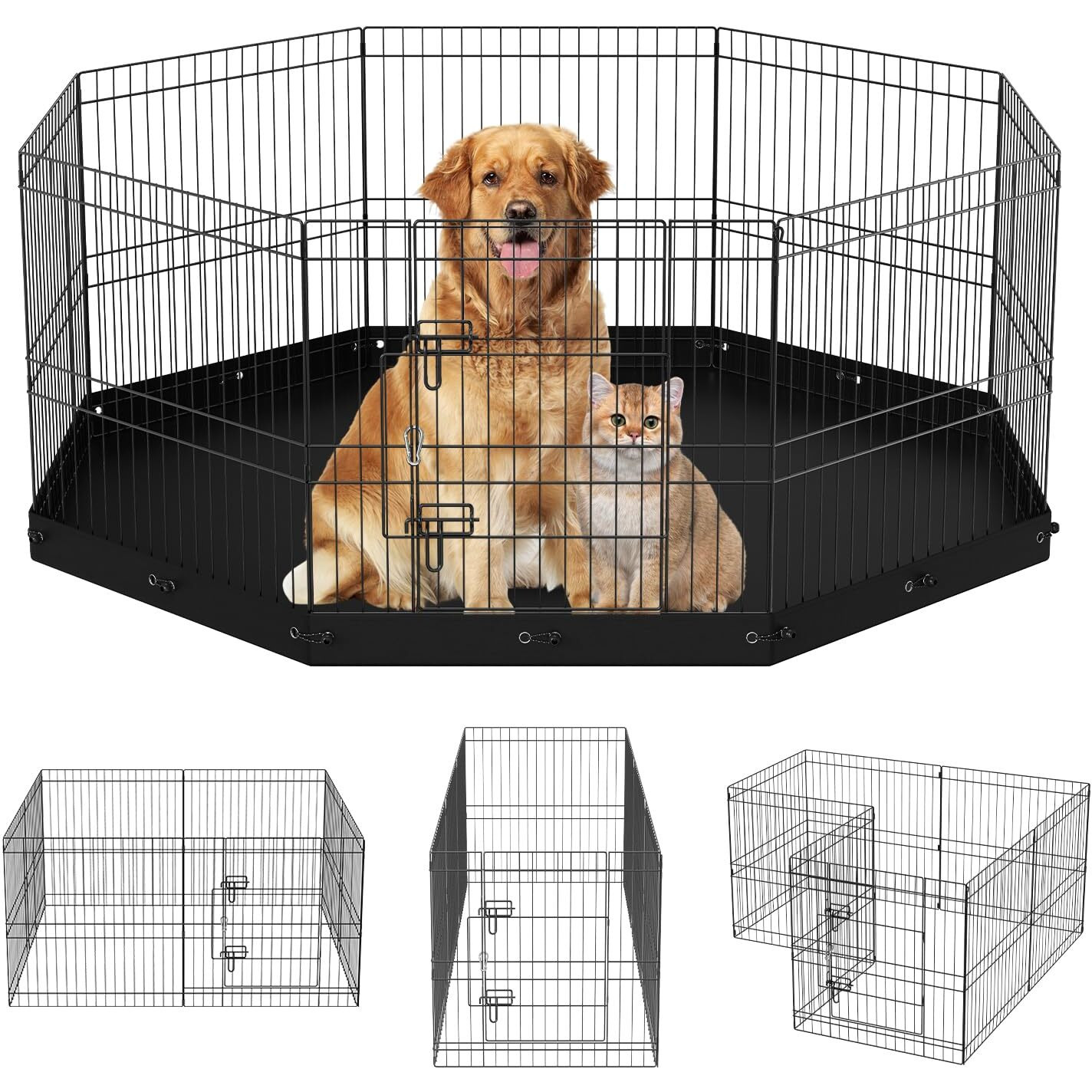 VEVOR Dog Playpen, 8 Panels Foldable Metal Dog Exercise Pen with Bottom Pad, 24" H Pet Fence Puppy Crate Kennel with Ground Stakes, Indoor Outdoor Dog Pen for Small Medium Pets, for Camping, Yard