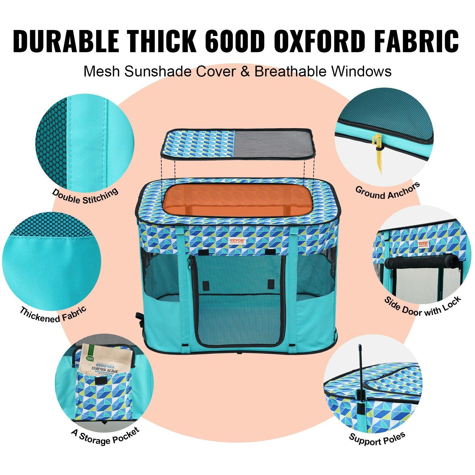 VEVOR Foldable Pet Playpen, 32'' x 24'' x 22'' Portable Dog Playpen, Crate Kennel for Puppy, Dog, Cat, Waterproof 600D Oxford Cloth, Removable Zipper, for Indoor Outdoor Travel Camping (Rectangle, S)