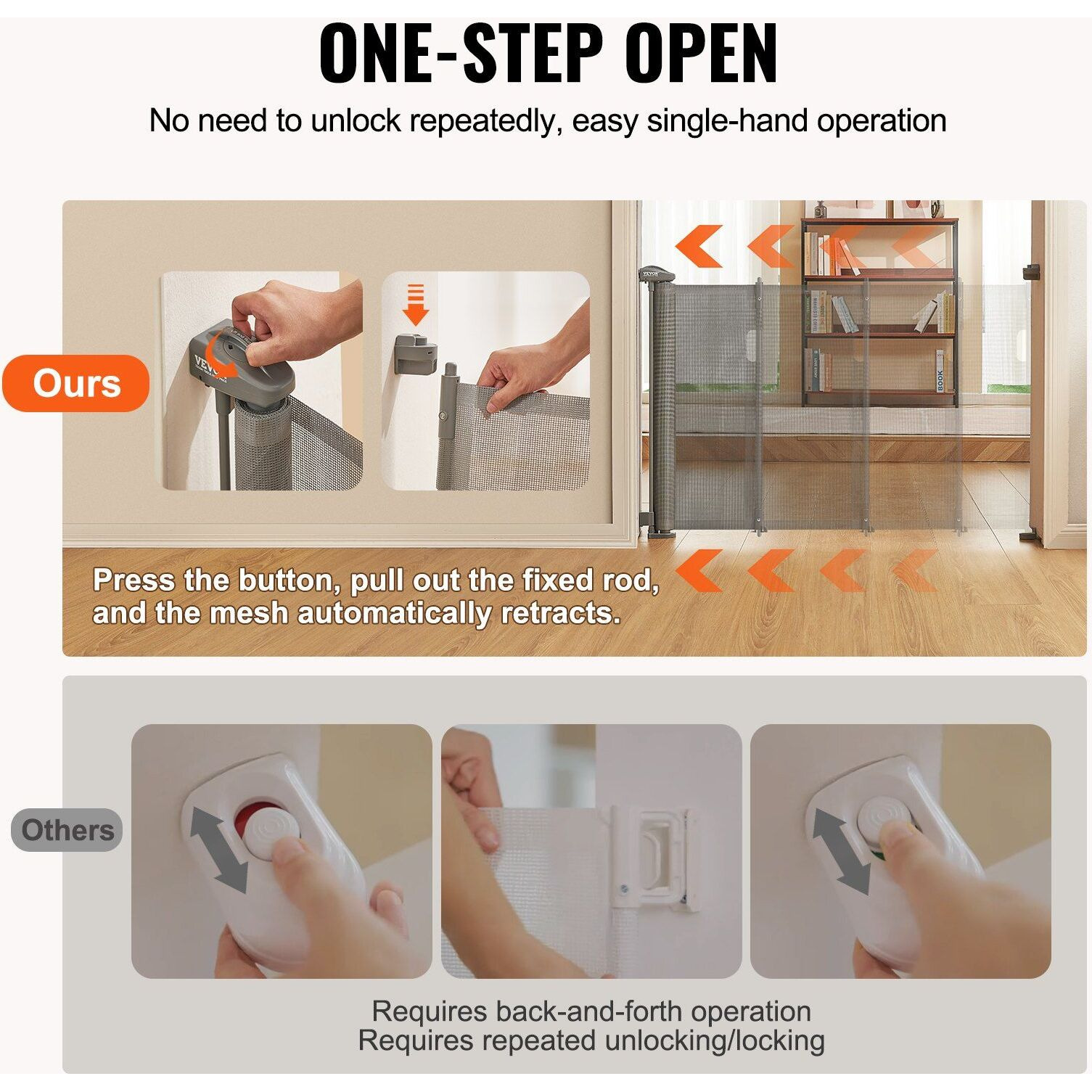 VEVOR Retractable Baby Gate, 34.2" Tall Mesh Baby Gate, Extends up to 60" Wide Retractable Gate for Kids or Pets, Retractable Dog Gates for Indoor Stairs, Doorways, Hallways, Playrooms, Gray