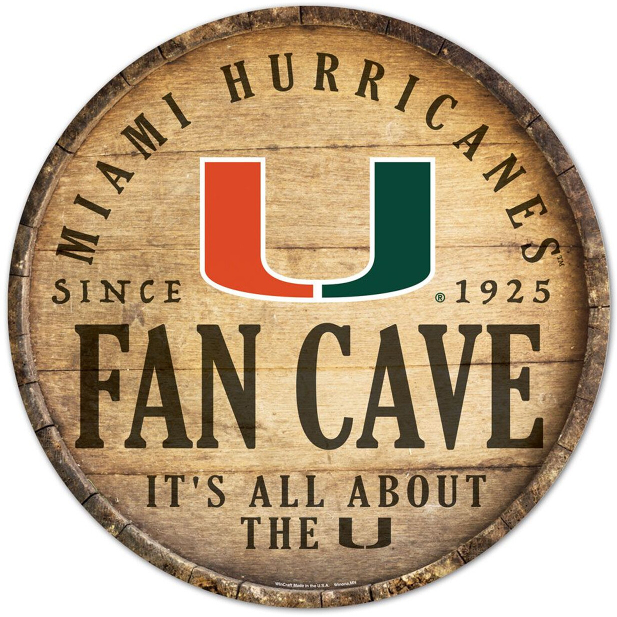 Miami Hurricanes Sign Wood 14 Inch Round Barrel Top Design