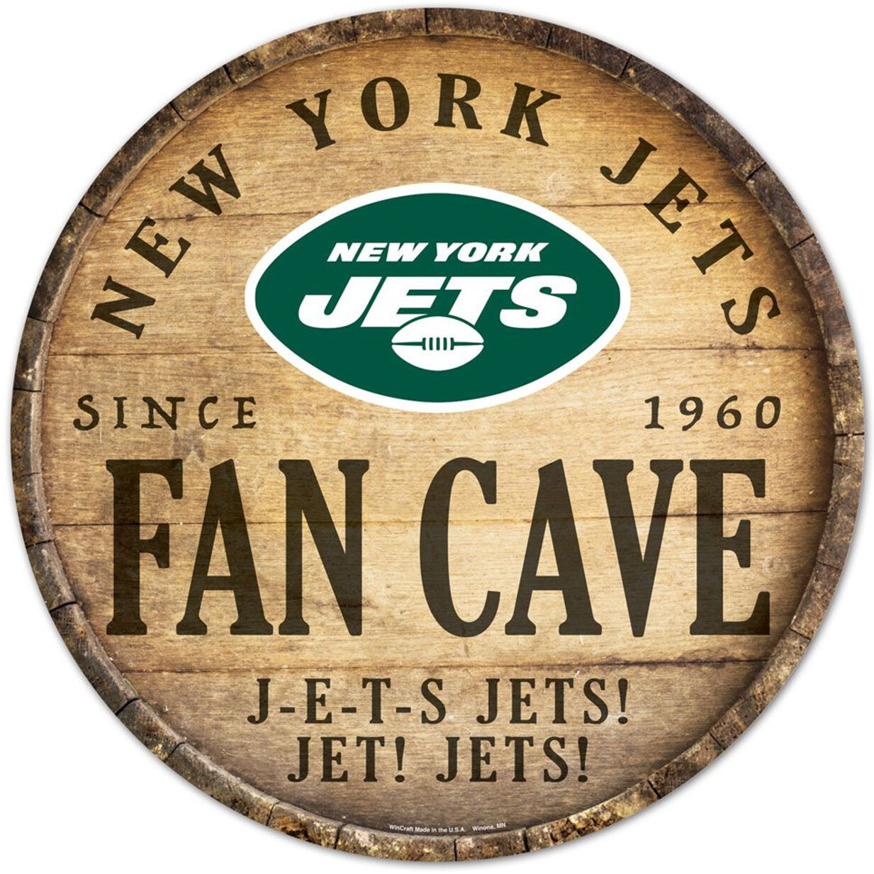 New York Jets Sign Wood 14 Inch Round Barrel Top Design