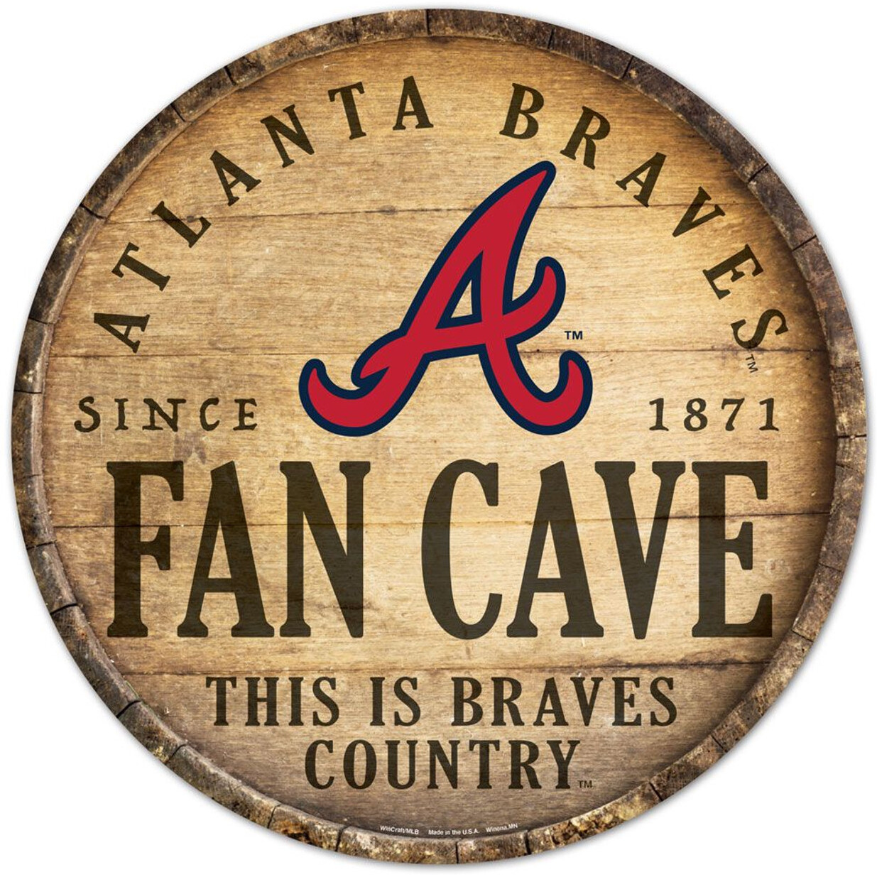 Atlanta Braves Sign Wood 14 Inch Round Barrel Top Design