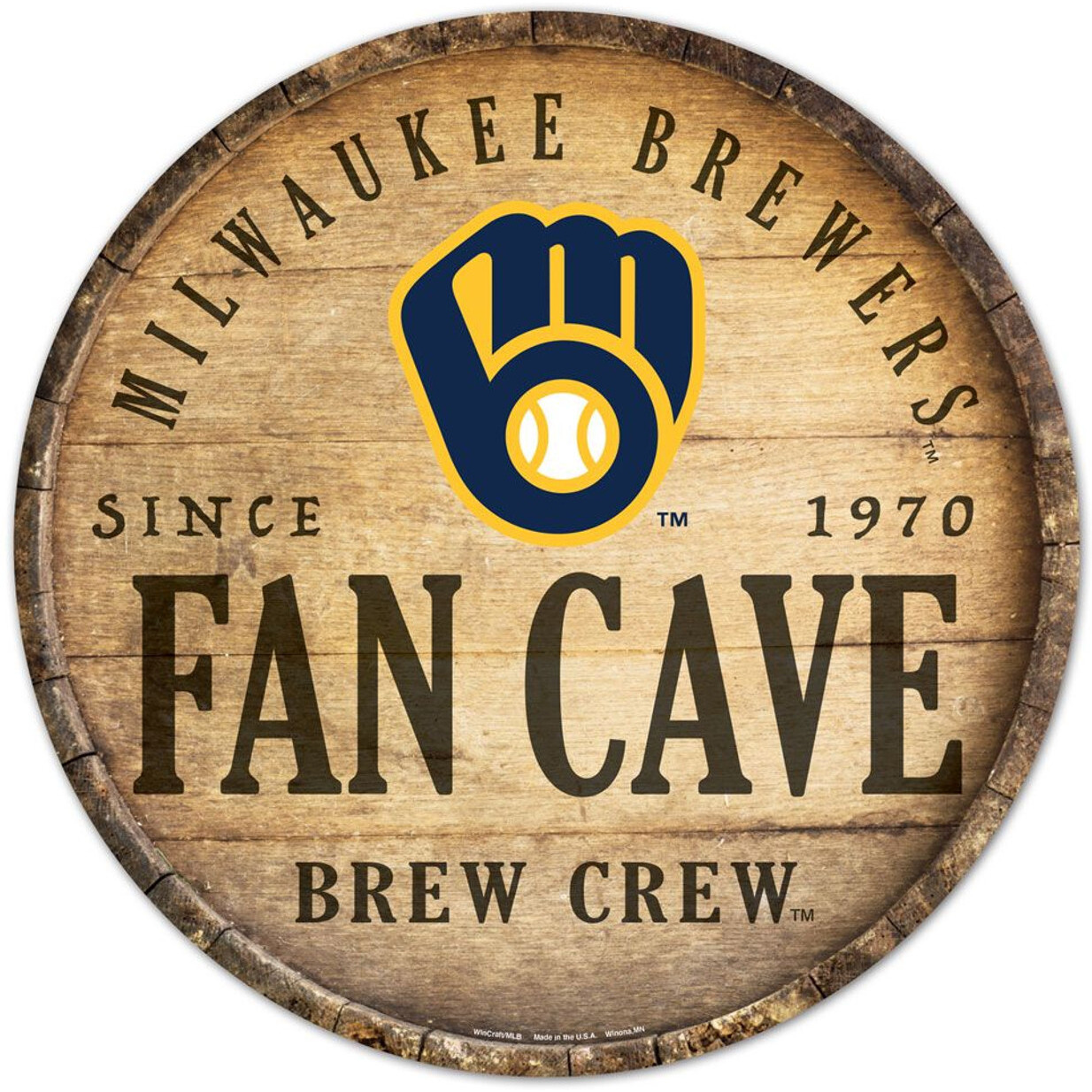 Milwaukee Brewers Sign Wood 14 Inch Round Barrel Top Design