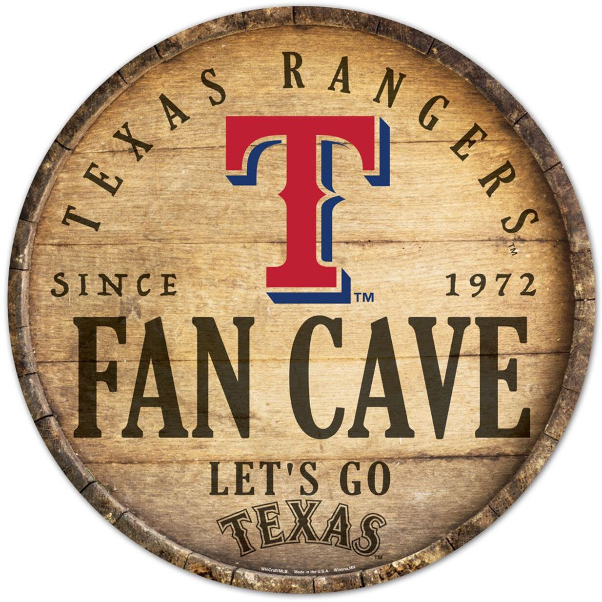Texas Rangers Sign Wood 14 Inch Round Barrel Top Design