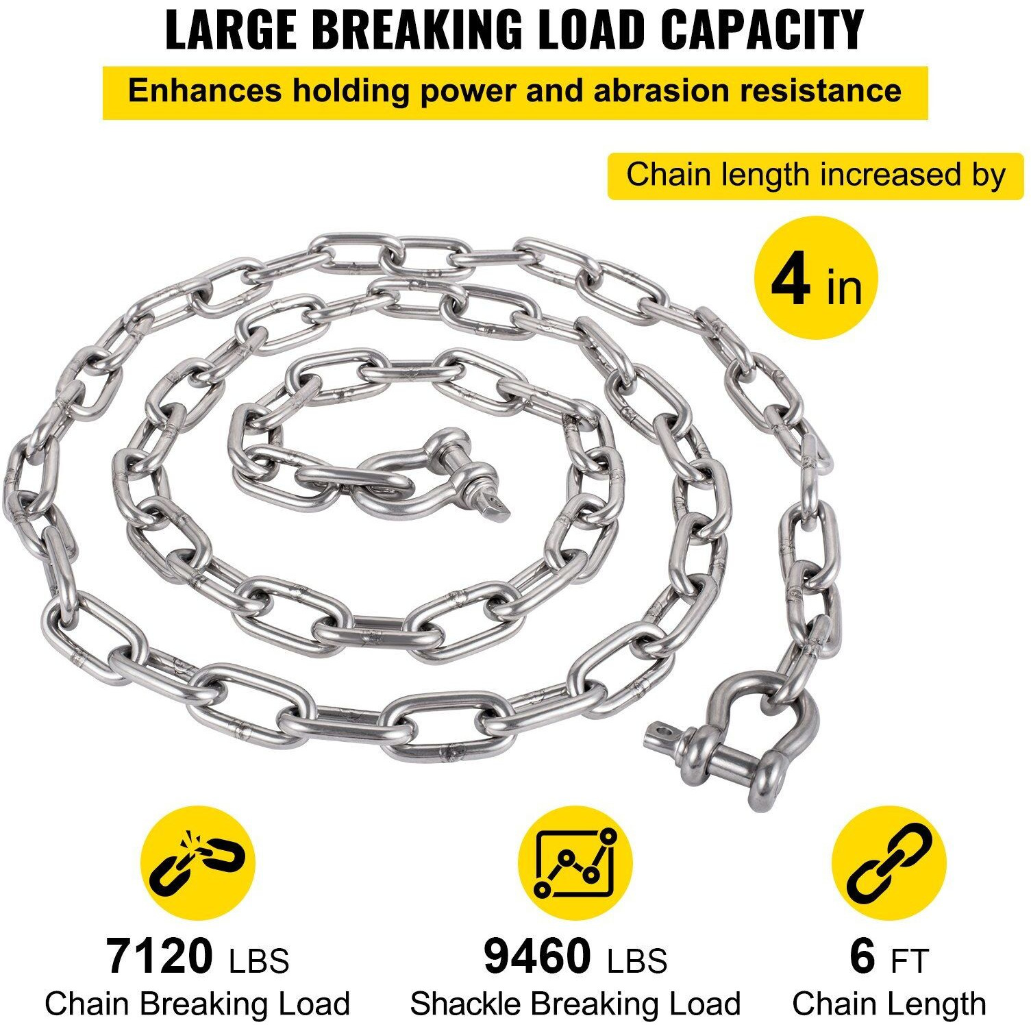VEVOR Anchor Chain, 6' x 5/16" 316 Stainless Steel Chain, 3/8" Anchor Chain Shackle, 7120lbs Anchor Lead Chain Breaking Load, 9460lbs Anchor Chain Shackle Breaking Load, Anchor Chain for Small Boats