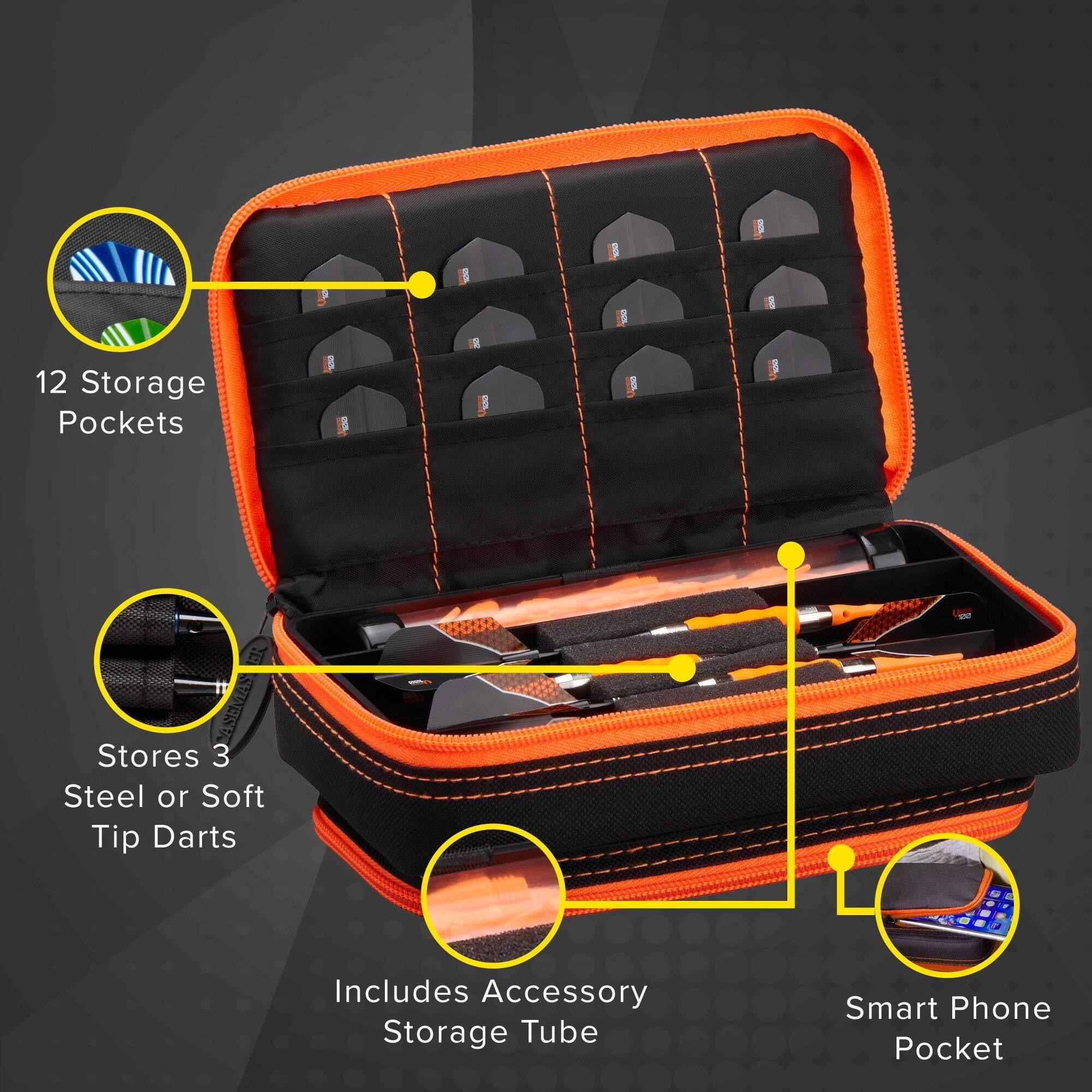 Casemaster Plazma Plus Dart Case Black with Orange Zipper and Phone Pocket