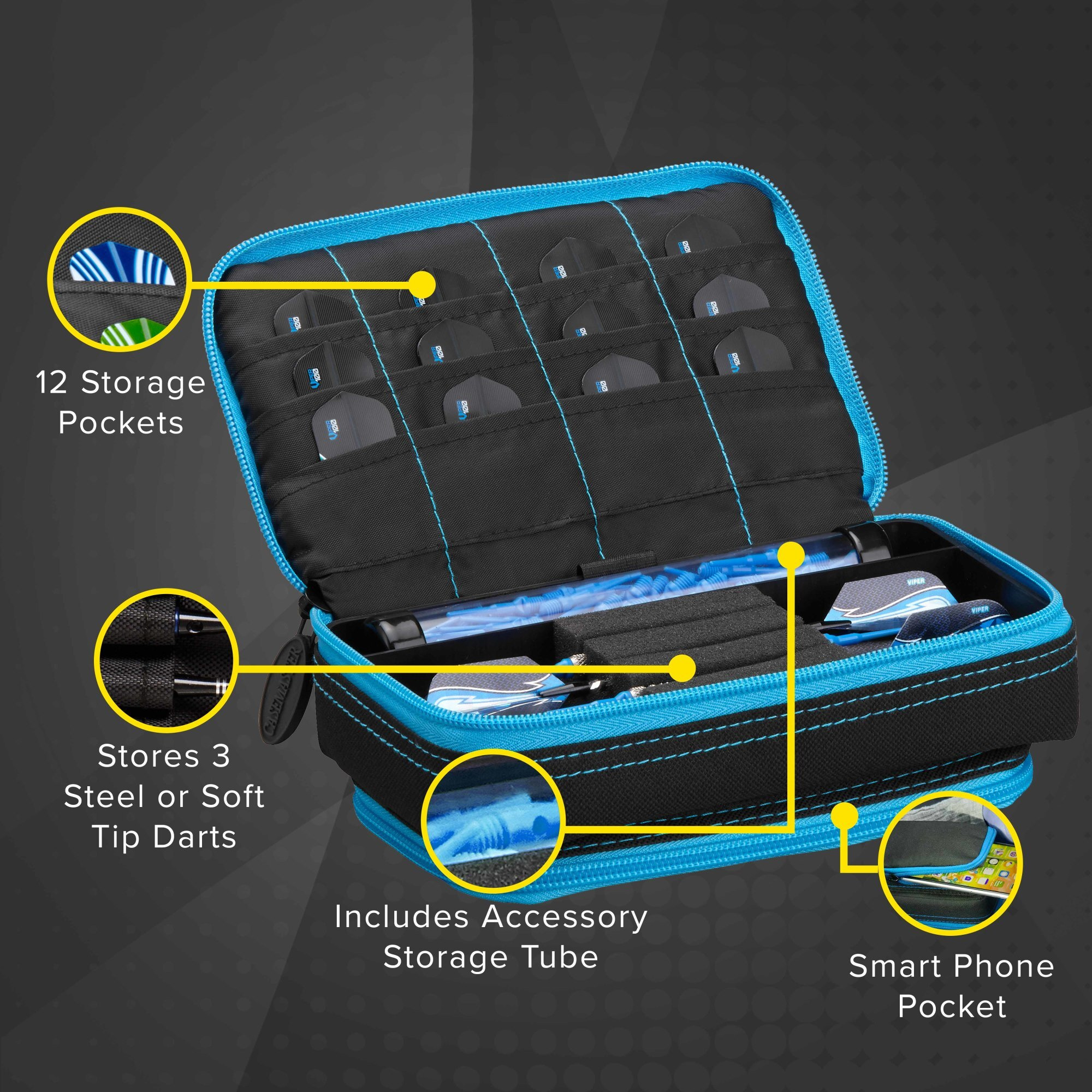 Casemaster Plazma Plus Dart Case Black with Blue Zipper and Phone Pocket